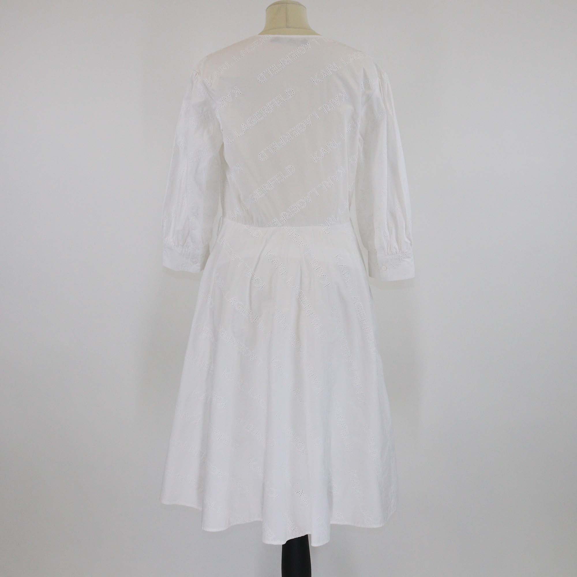 Karl Lagerfeld White Logo Embroidered Cotton Long Sleeve V Neck Midi Dress