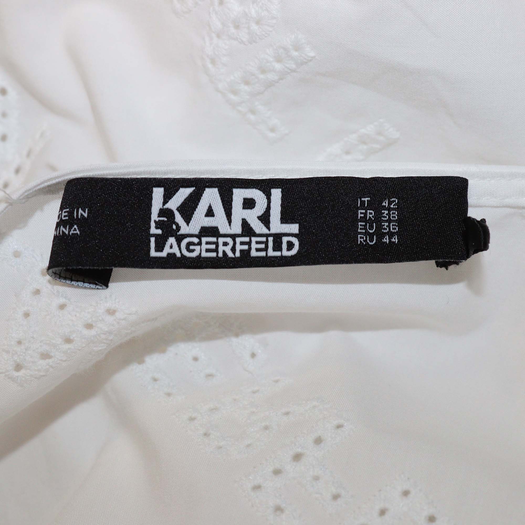 Karl Lagerfeld White Logo Embroidered Cotton Long Sleeve V Neck Midi Dress