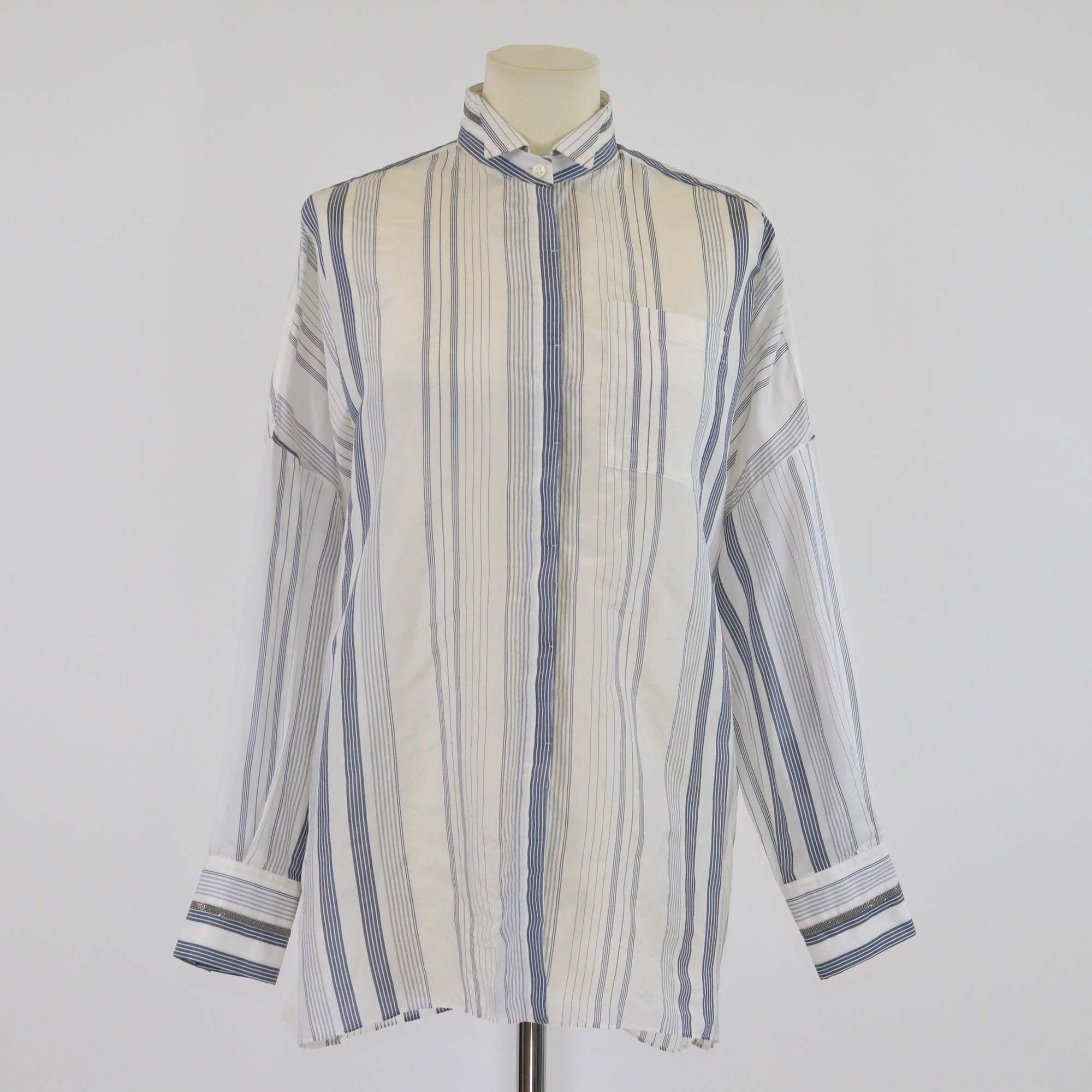 Brunello Cucinelli White/Blue Striped Silk Beaded Detail Long Sleeve Shirt
