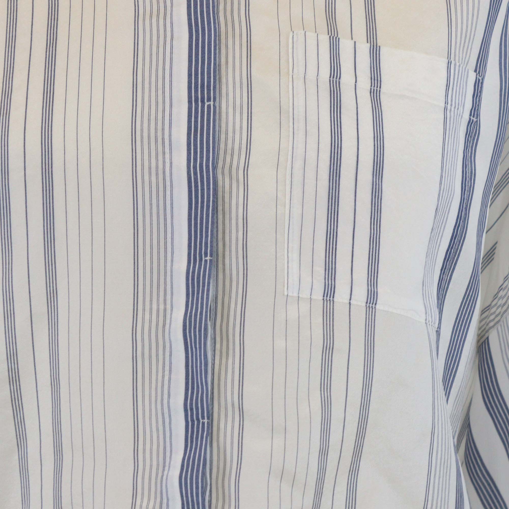 Brunello Cucinelli White/Blue Striped Silk Beaded Detail Long Sleeve Shirt