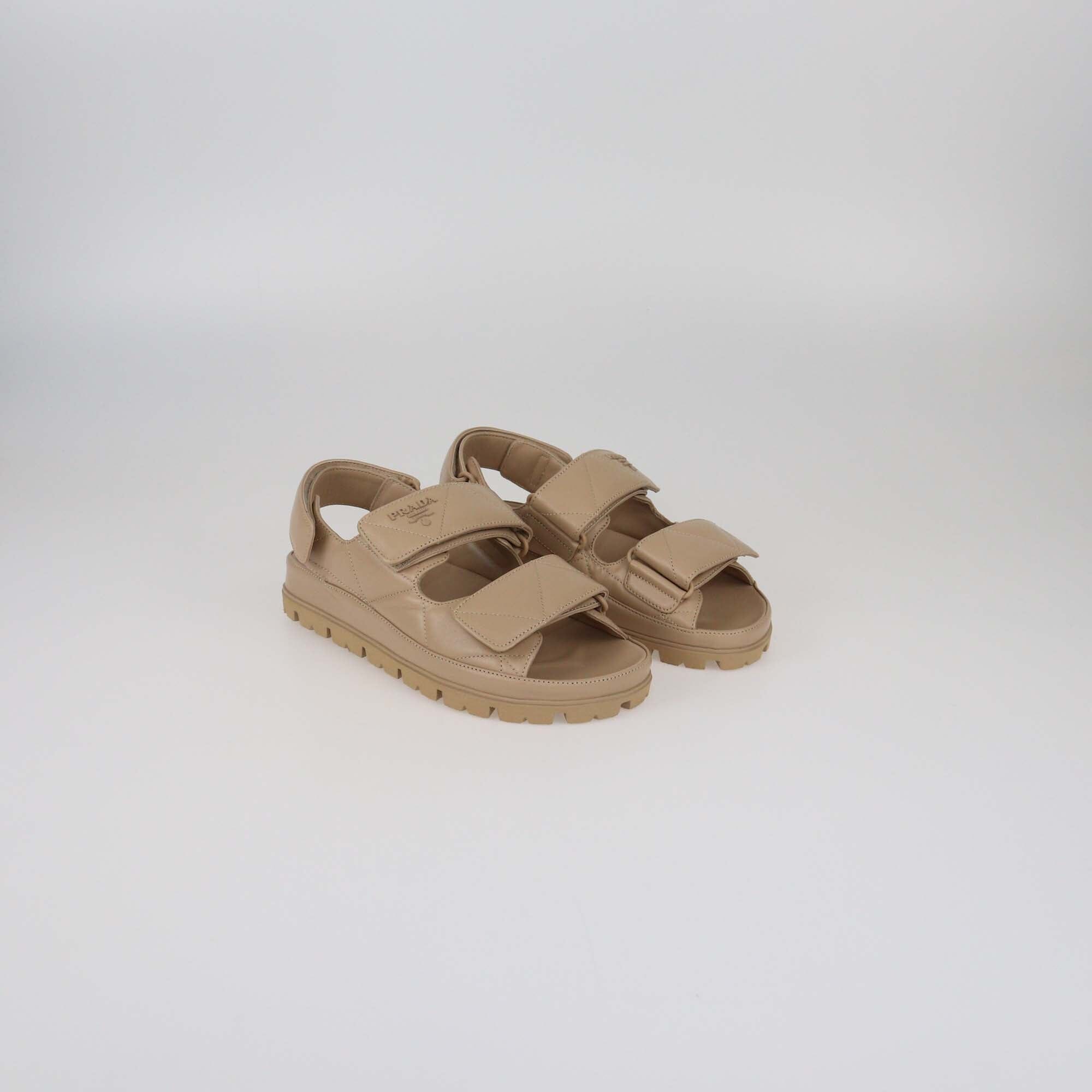 Prada Beige Quilted Flat Sandals Womens Prada