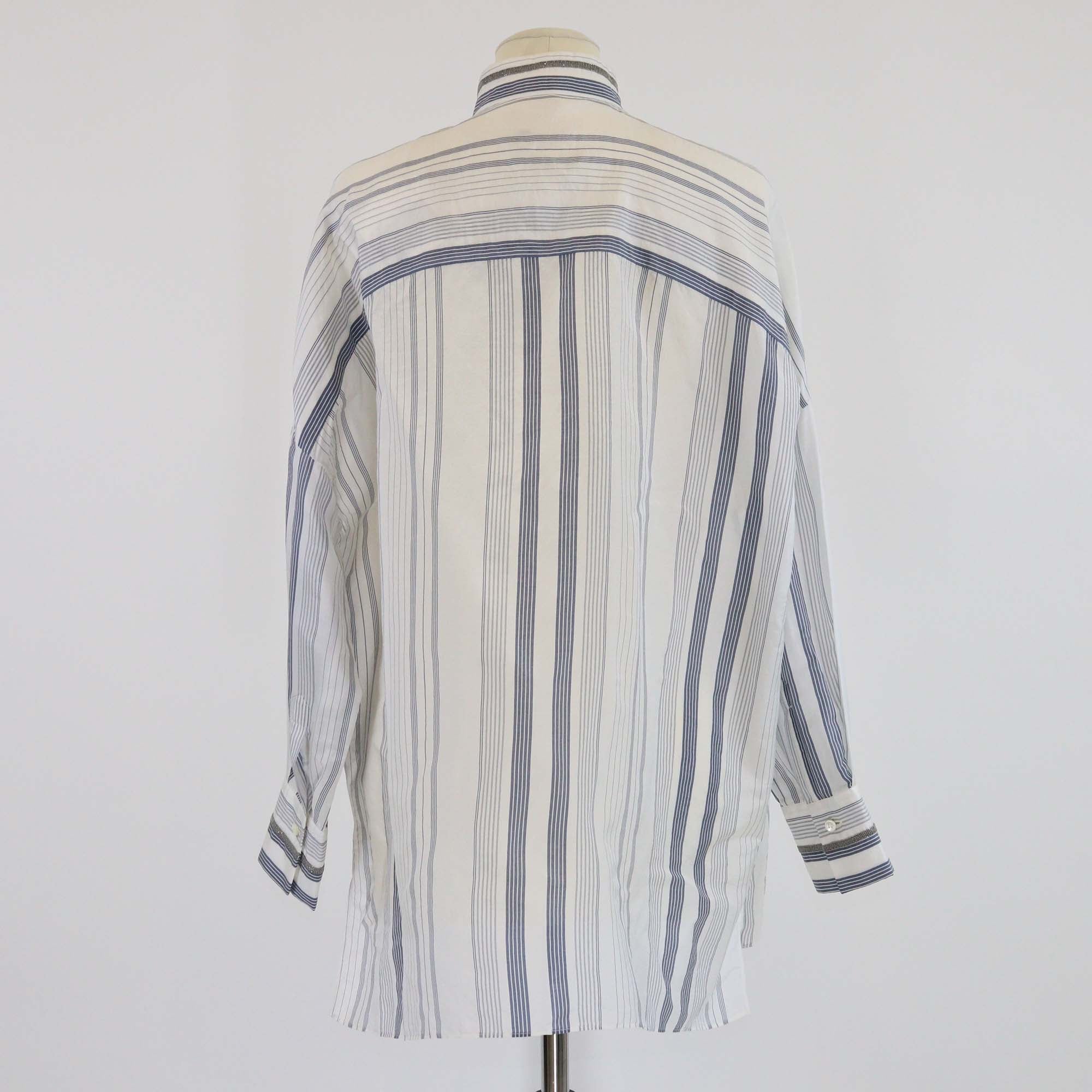 Brunello Cucinelli White/Blue Striped Silk Beaded Detail Long Sleeve Shirt