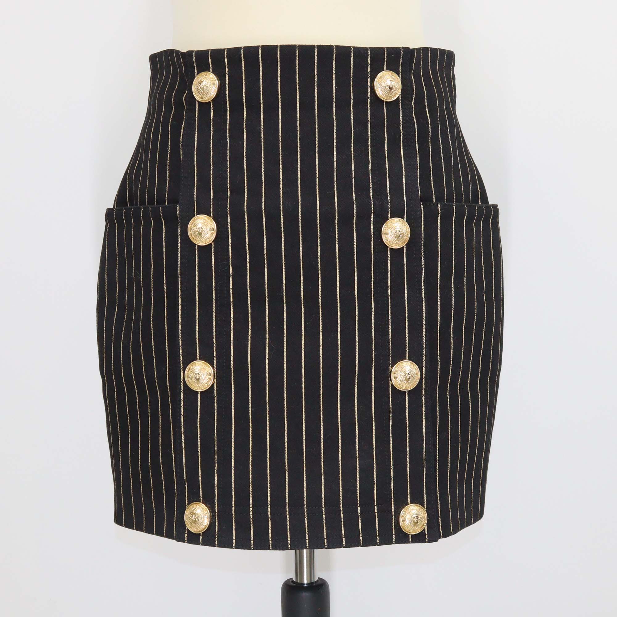 Balmain Black Cotton Striped Button Embellished Mini Skirt