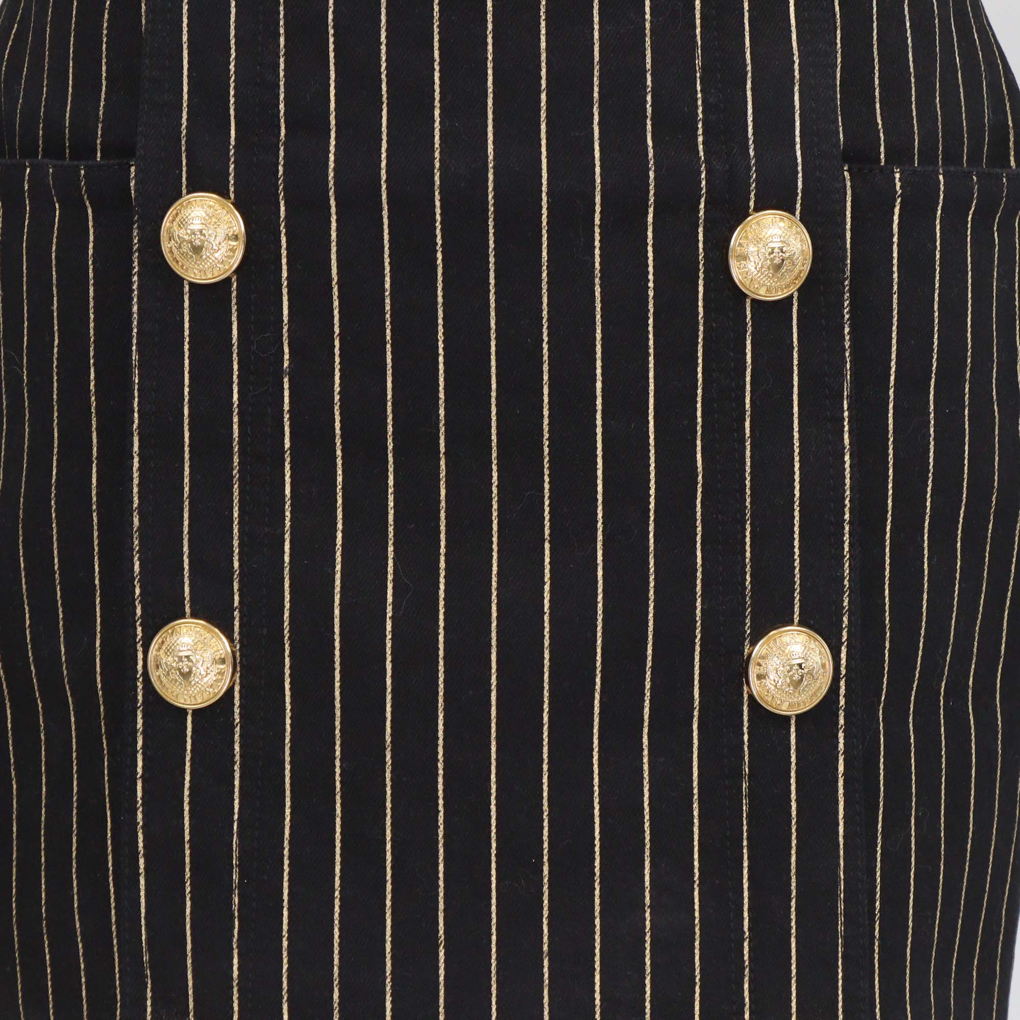 Balmain Black Cotton Striped Button Embellished Mini Skirt