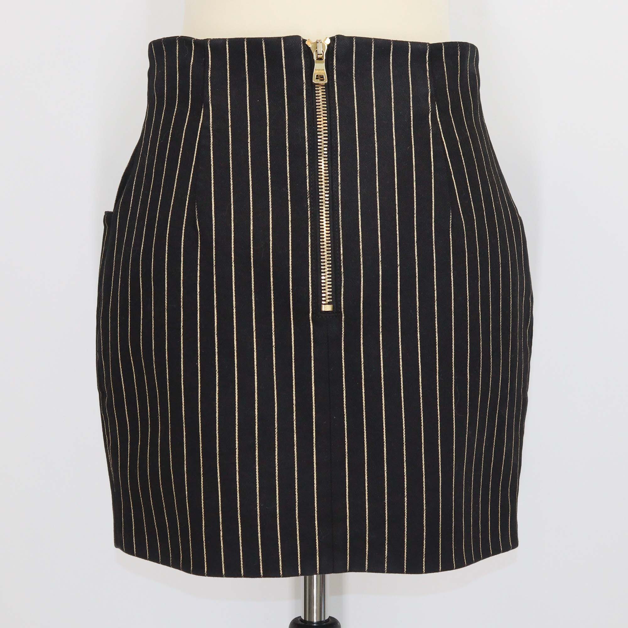Balmain Black Cotton Striped Button Embellished Mini Skirt