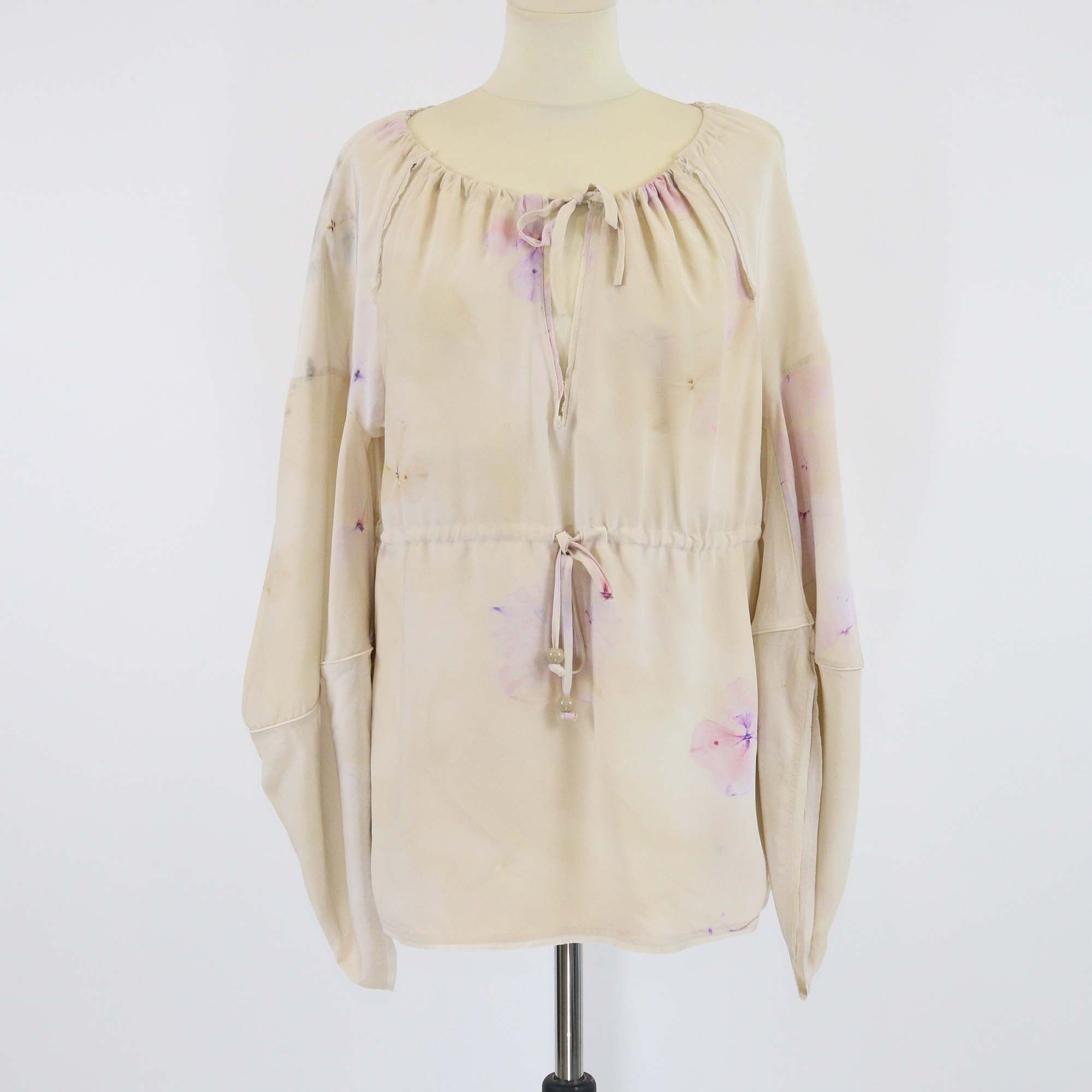 Fendi Light Beige Floral Print Silk Drawstring Long Sleeve Blouse