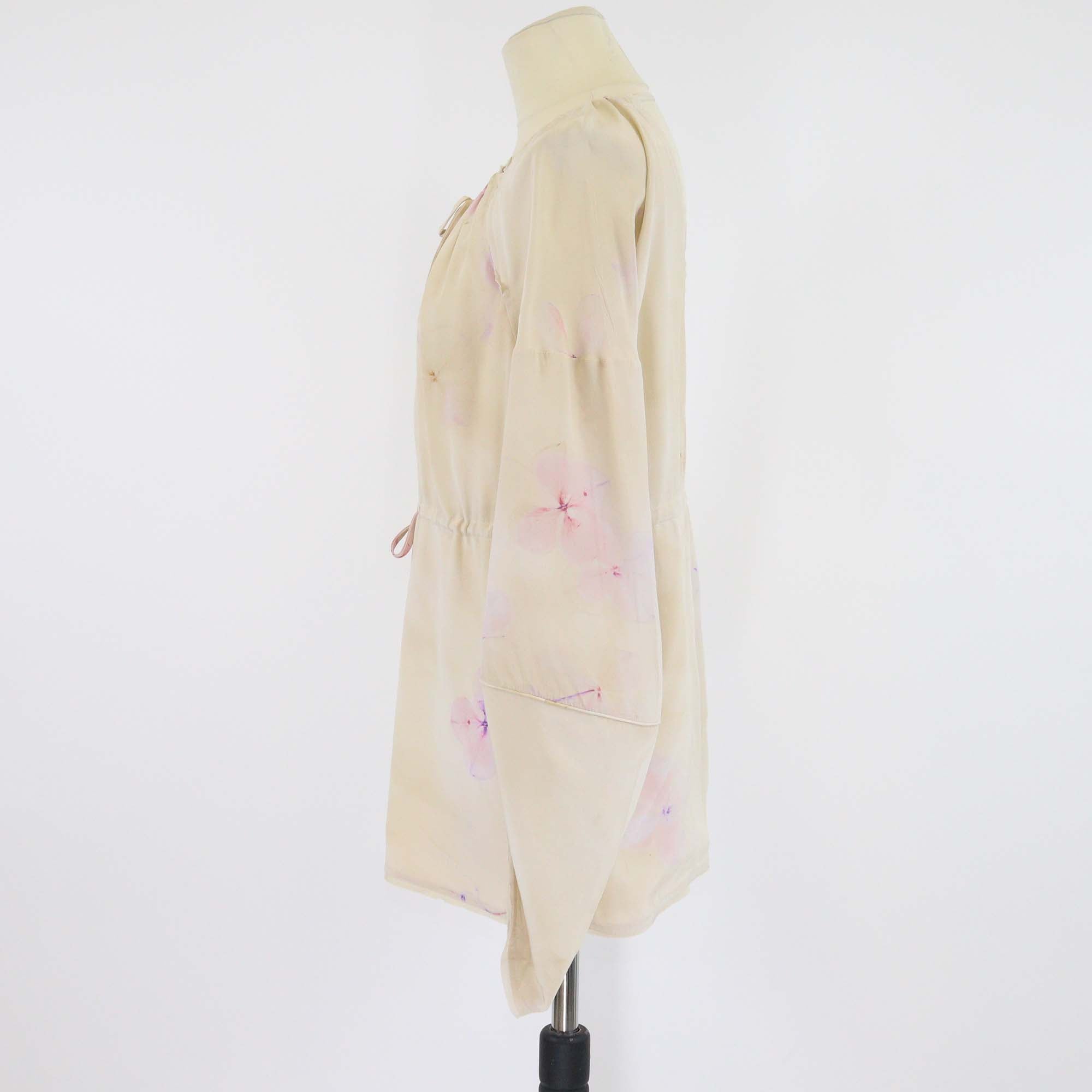 Fendi Light Beige Floral Print Silk Drawstring Long Sleeve Blouse