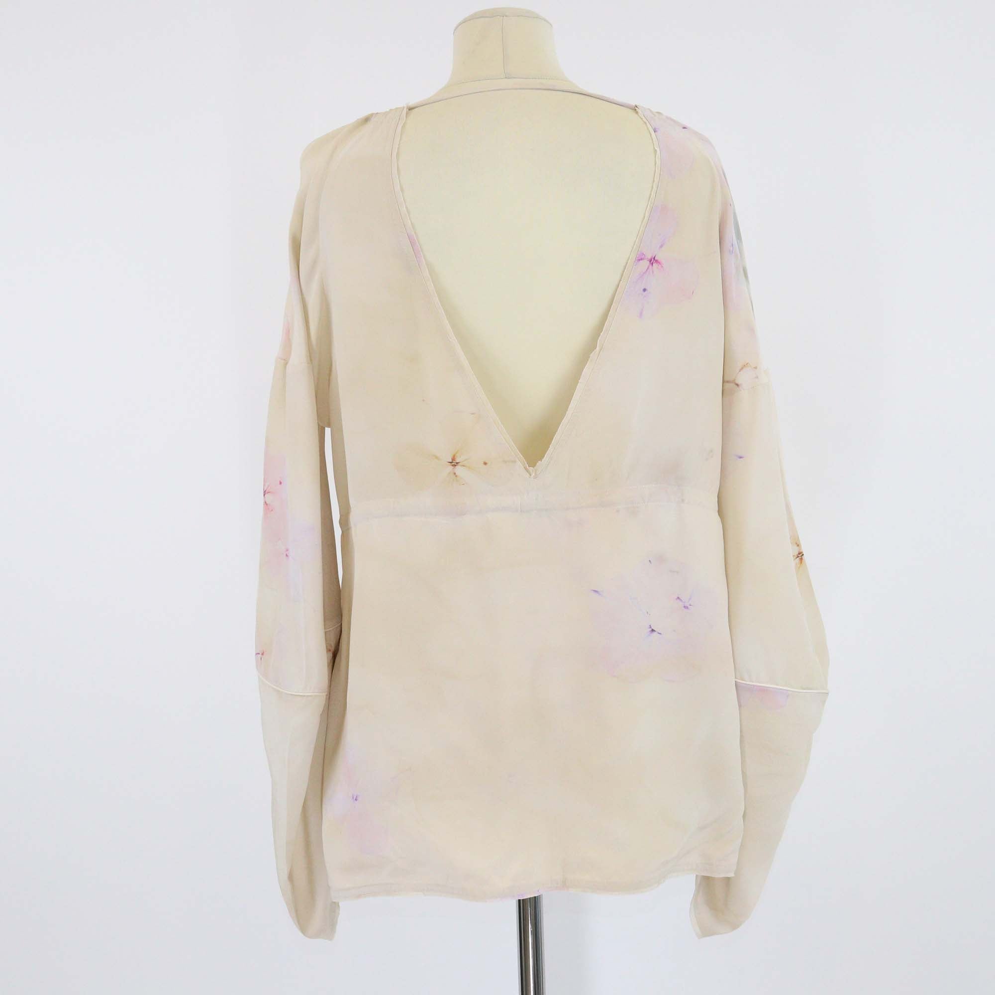 Fendi Light Beige Floral Print Silk Drawstring Long Sleeve Blouse