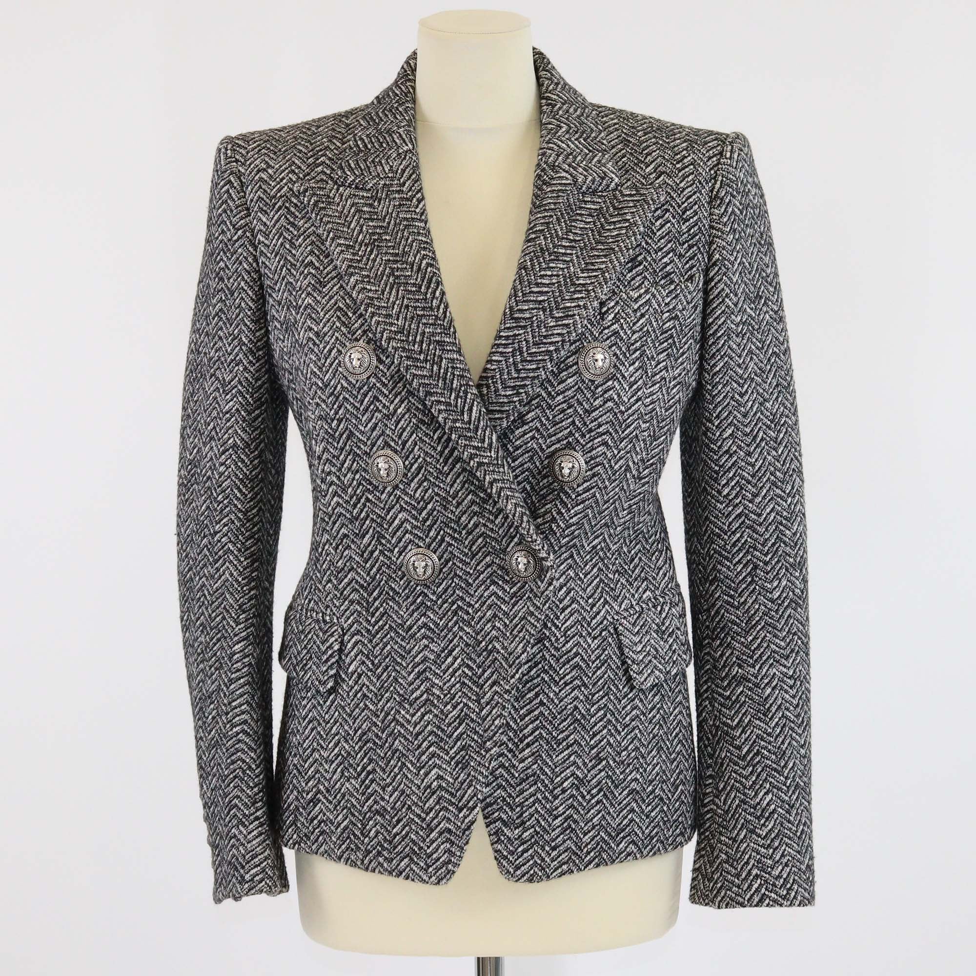 Balmain Black/White Herringbone Button Detail Double Breasted Blazer