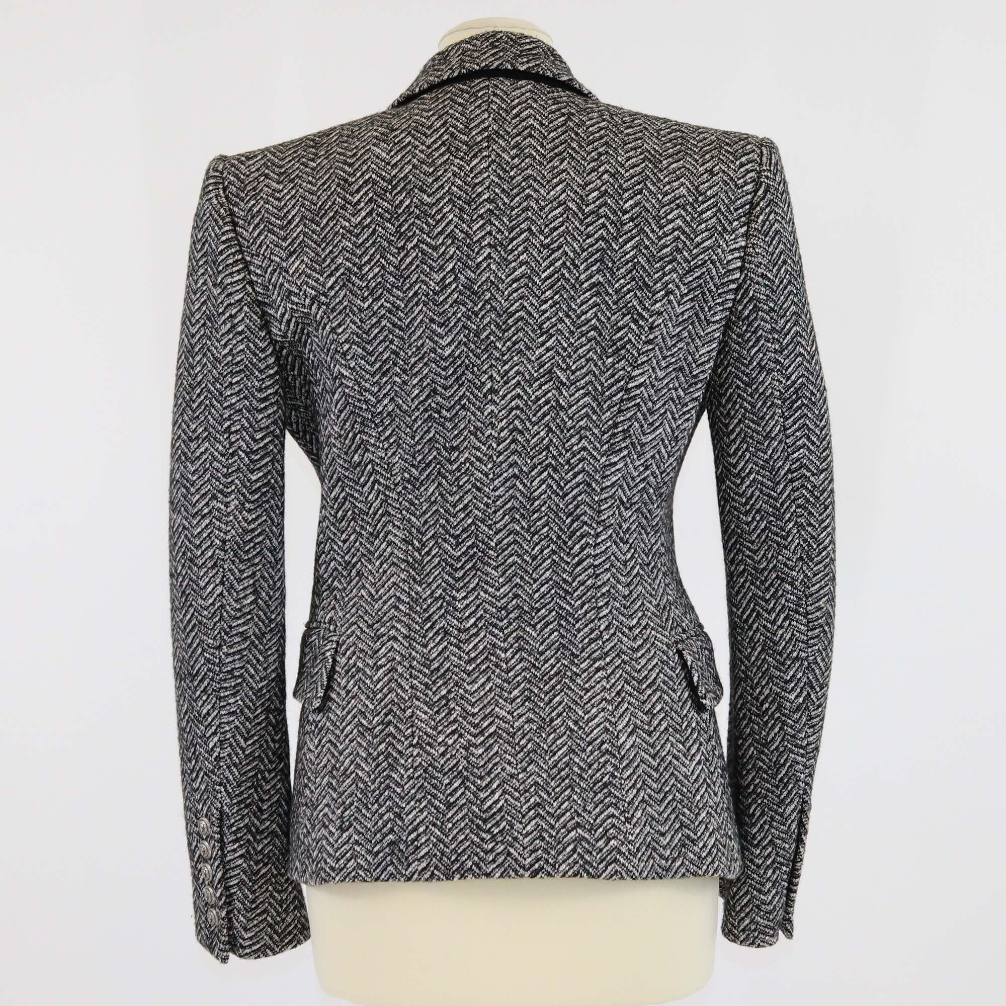 Balmain Black/White Herringbone Button Detail Double Breasted Blazer