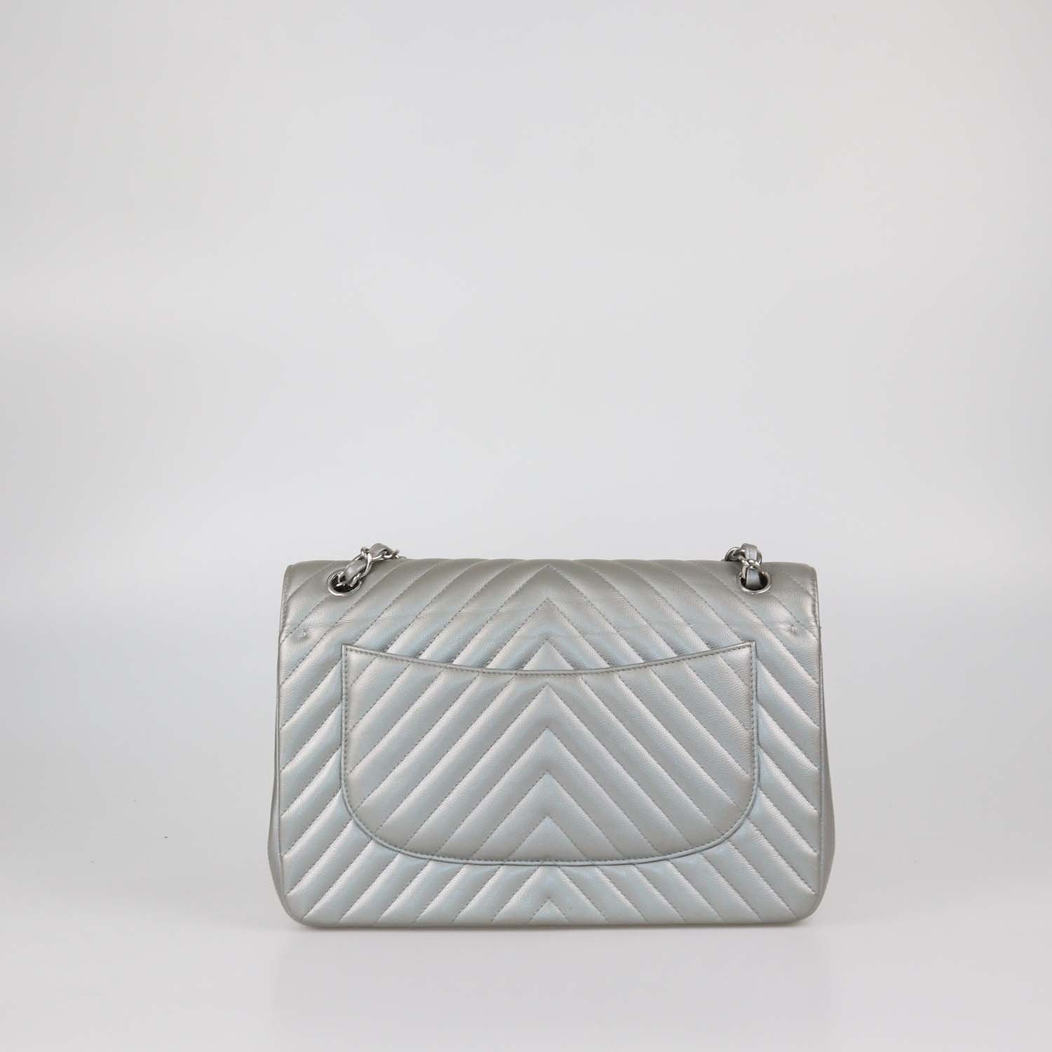 Chanel Metallic Grey Chevron Leather Jumbo Classic Double Flap Bag