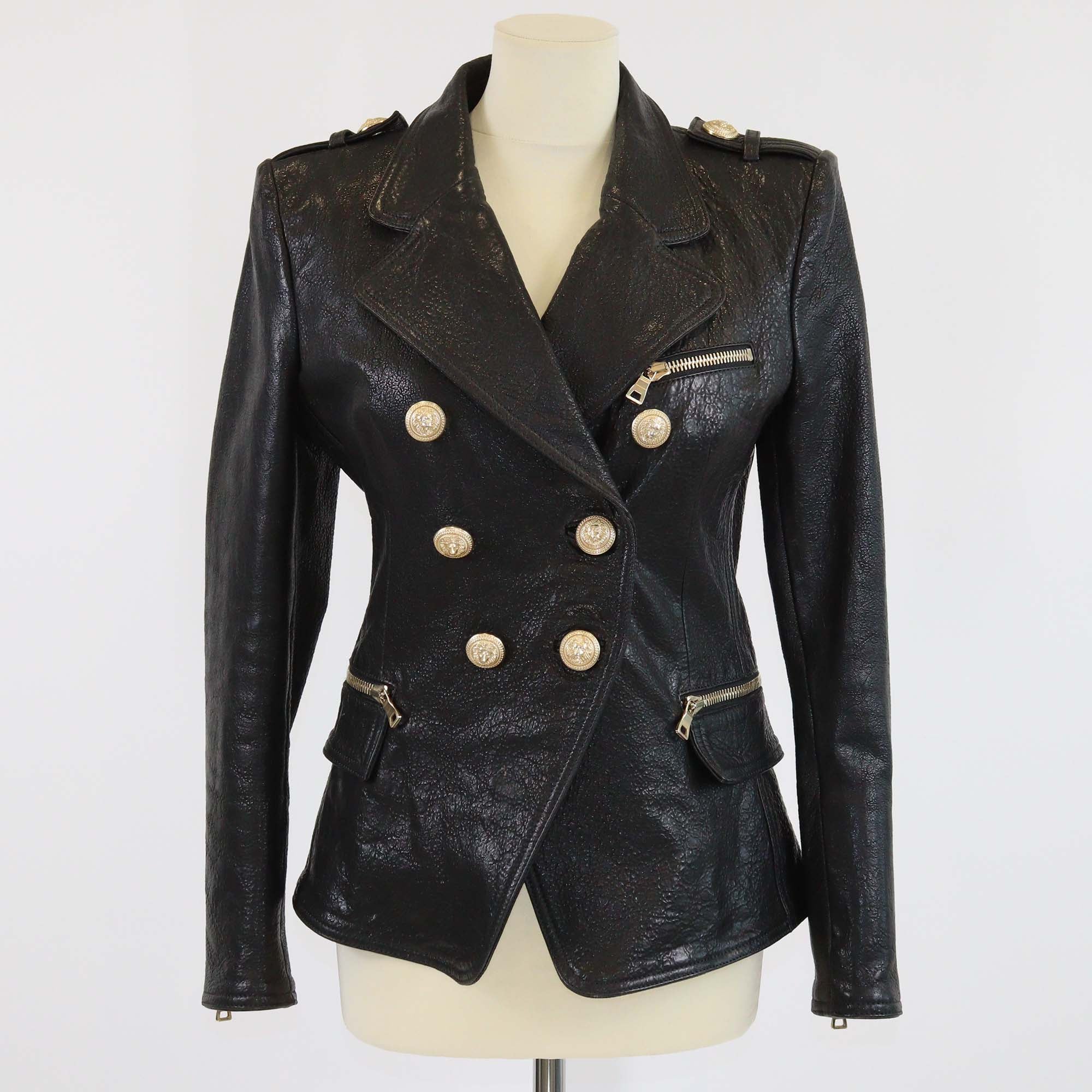 Balmain Black Embossed Crocodile Effect Lamb Leather Jacket