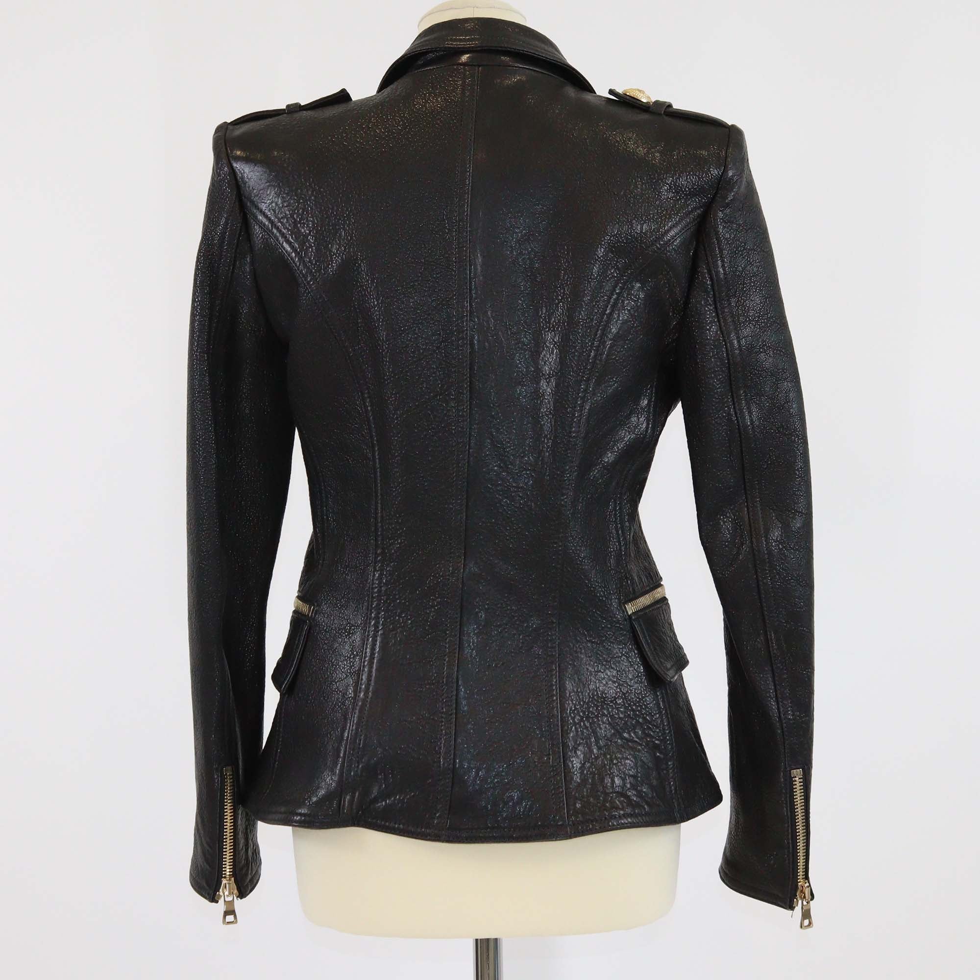Balmain Black Embossed Crocodile Effect Lamb Leather Jacket