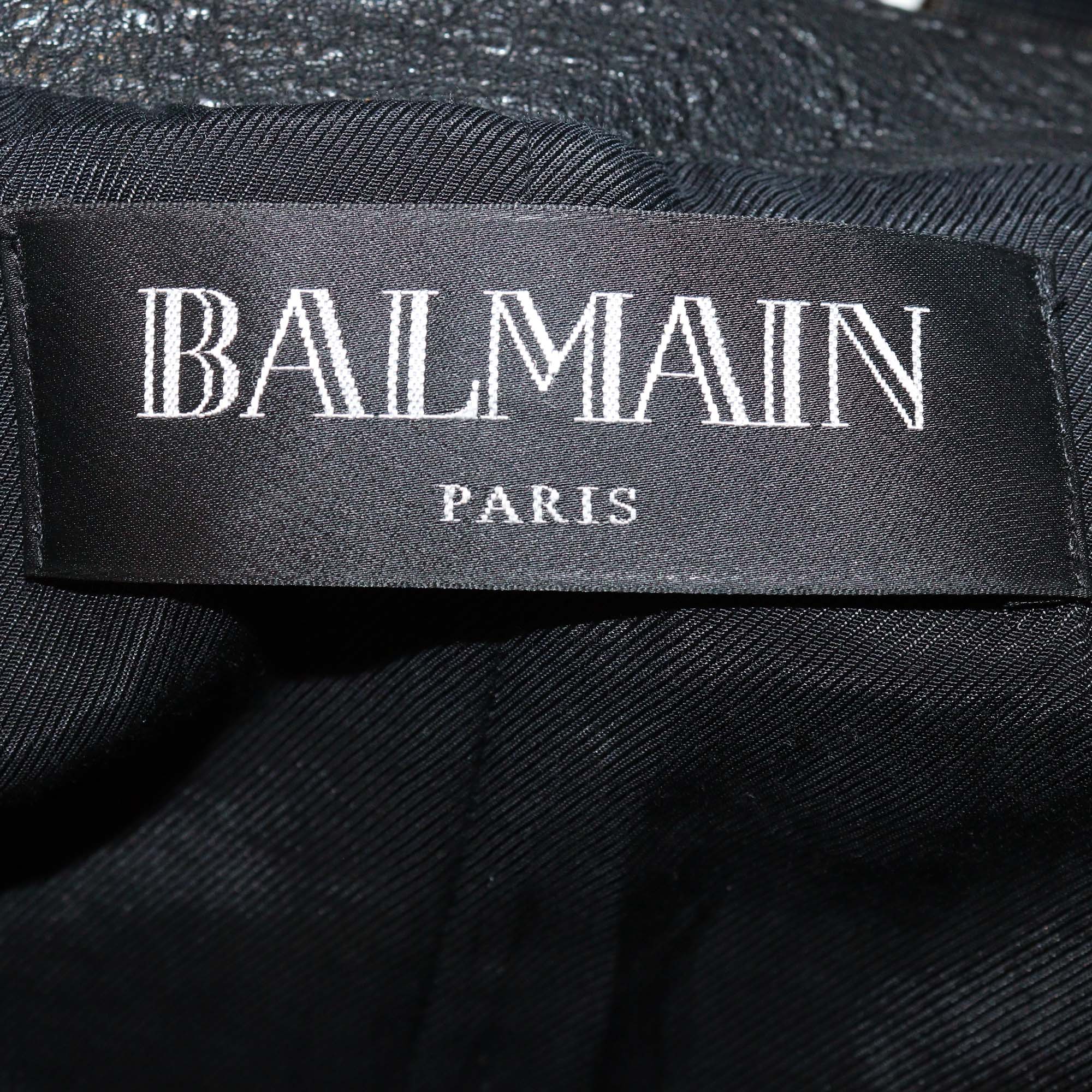 Balmain Black Embossed Crocodile Effect Lamb Leather Jacket