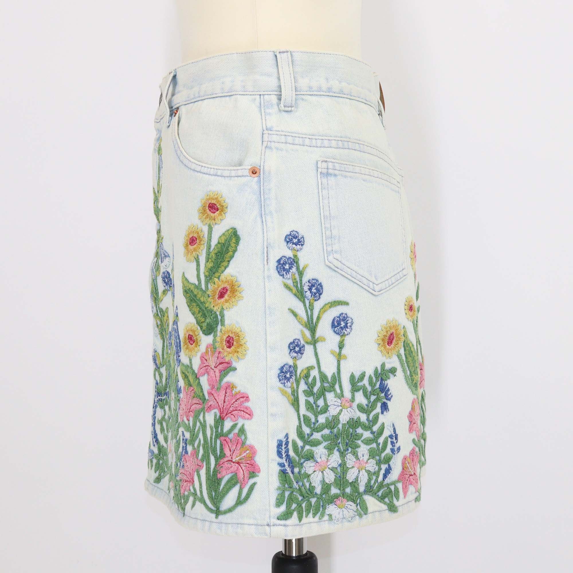 Gucci Blue Denim Floral Embroidered Mini Skirt