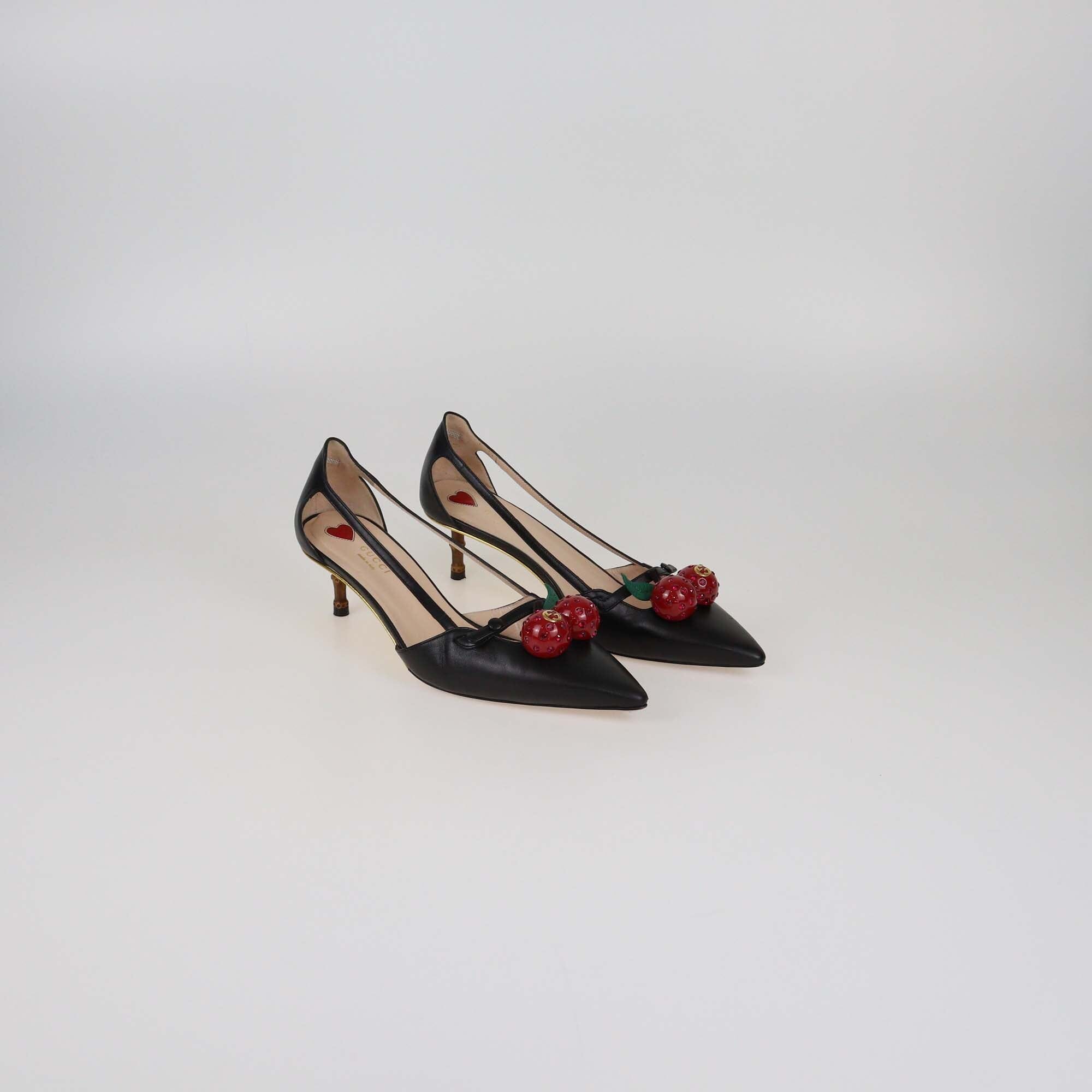 Gucci Black Unia Cherry Pointed Toe Pumps Womens Gucci