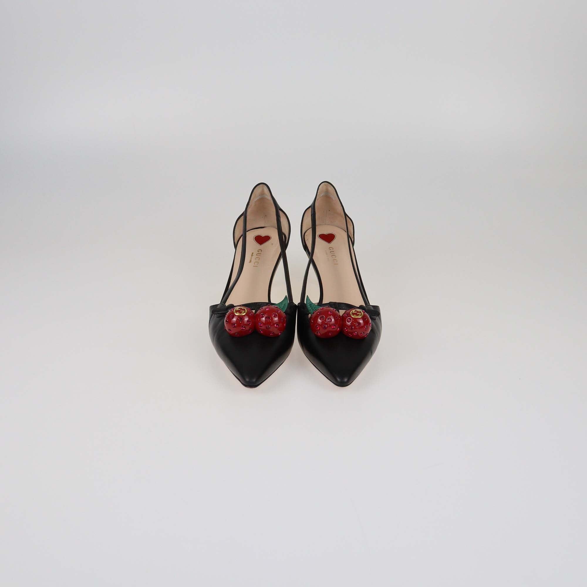 Gucci Black Unia Cherry Pointed Toe Pumps Womens Gucci