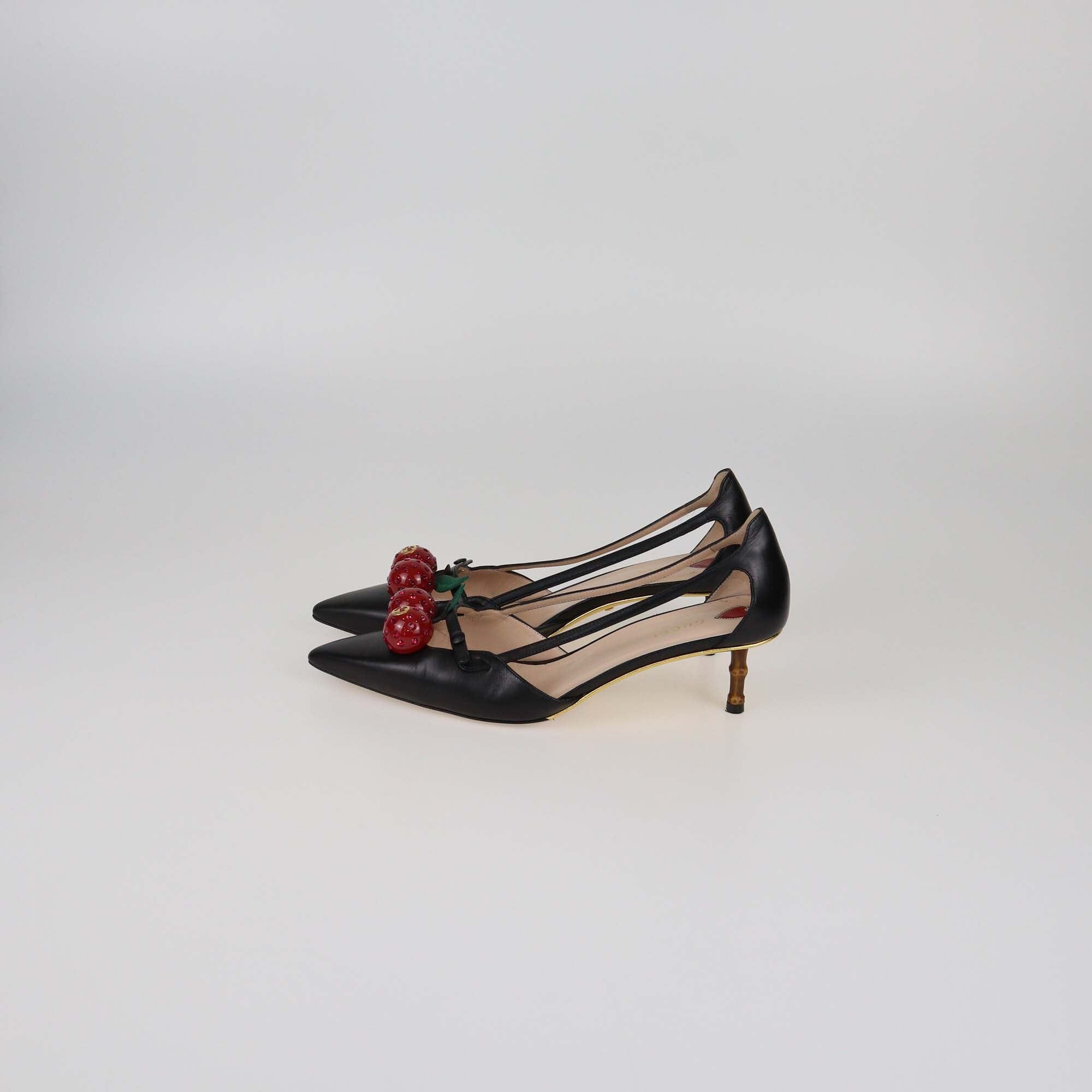 Gucci Black Unia Cherry Pointed Toe Pumps Womens Gucci