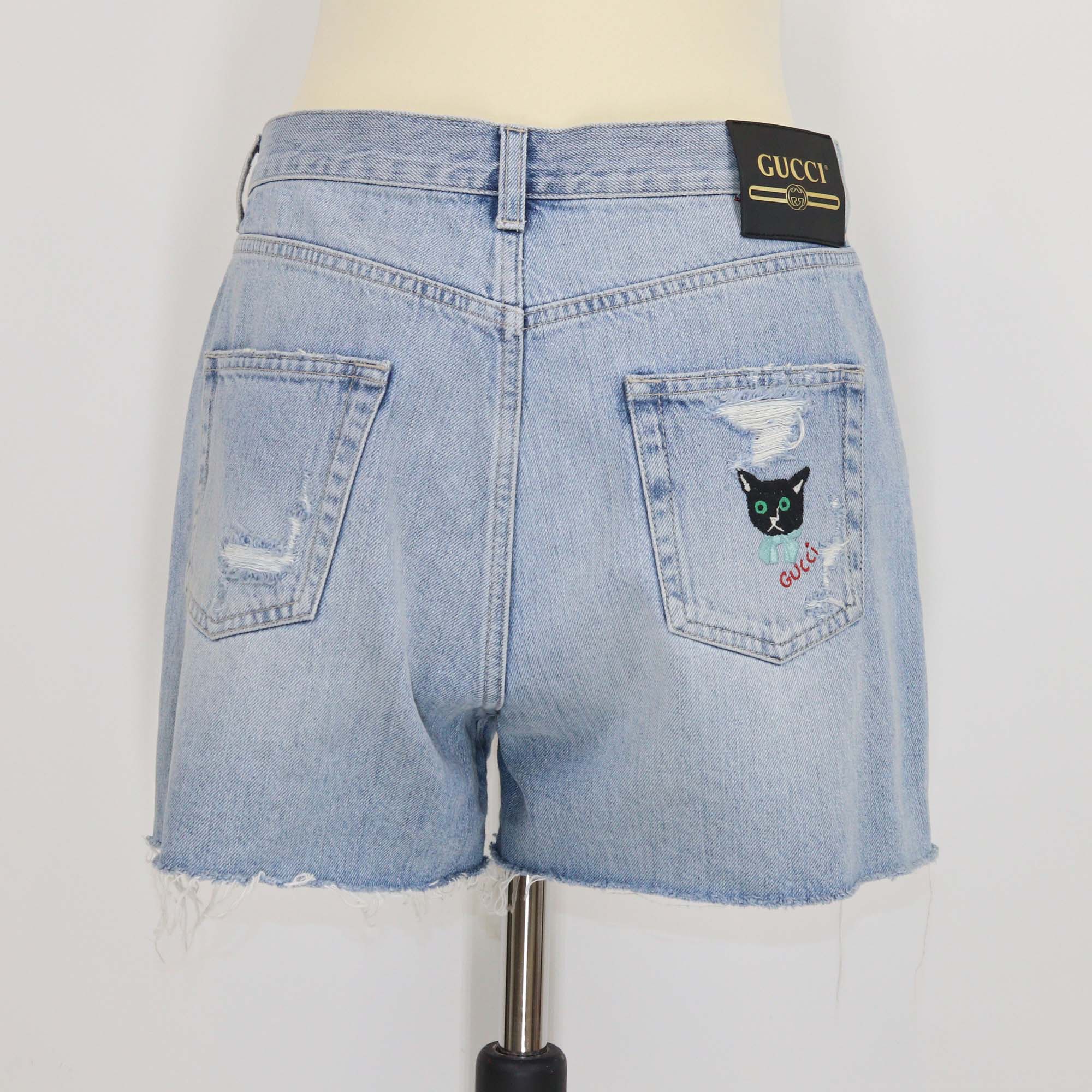 Gucci Blue Denim Distressed Cat Embroidered Shorts