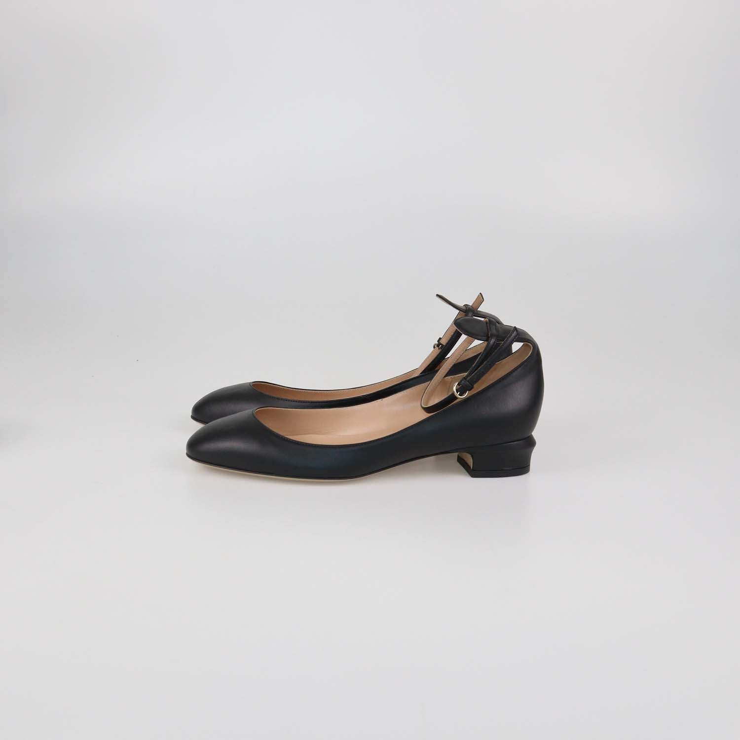 Valentino Black Leather Block Heel Tango Ballet Flats