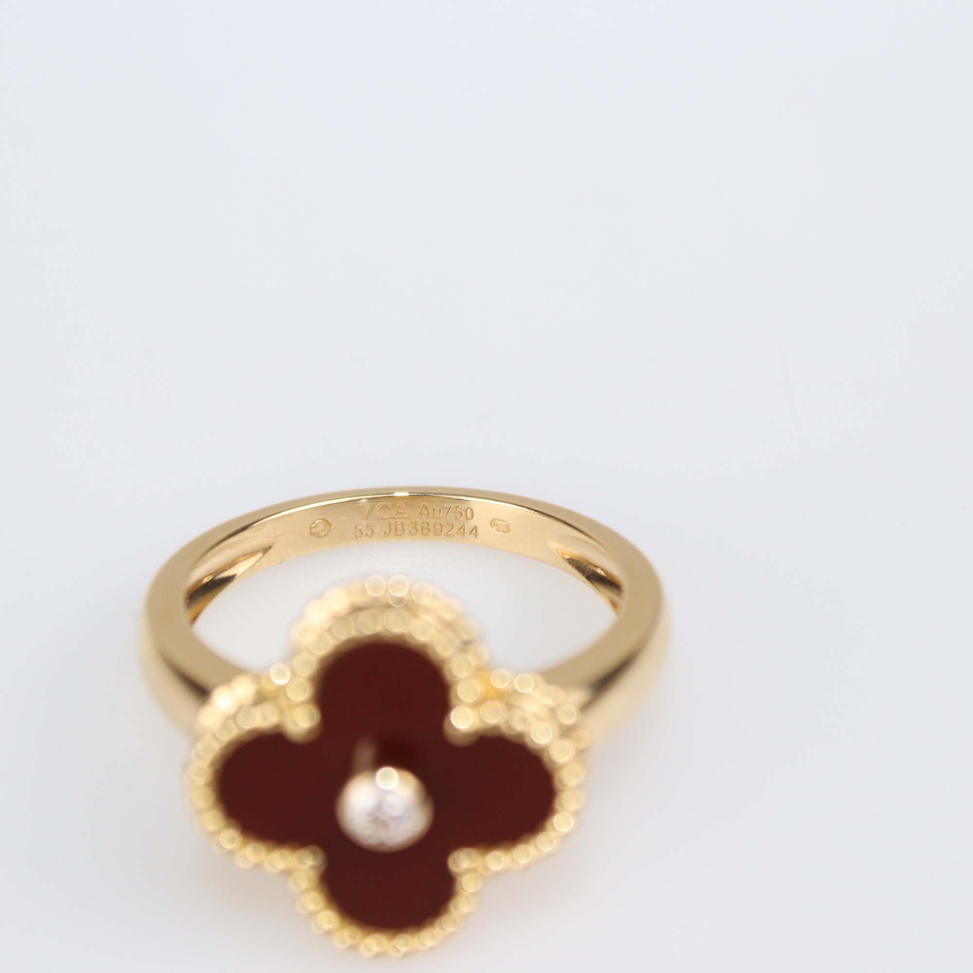 Van Cleef & Arpels 18K Yellow Gold Diamond Carnelian Vintage Alhambra Ring Size 55