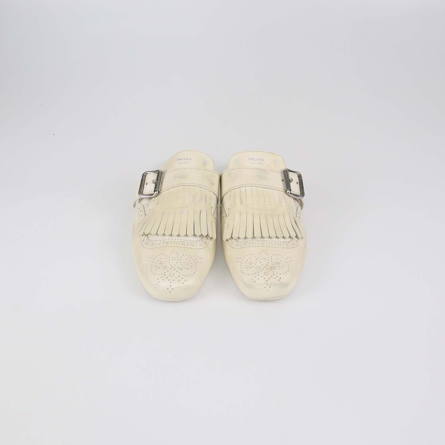 Prada Off White Leather Shuffle Fringed Mules