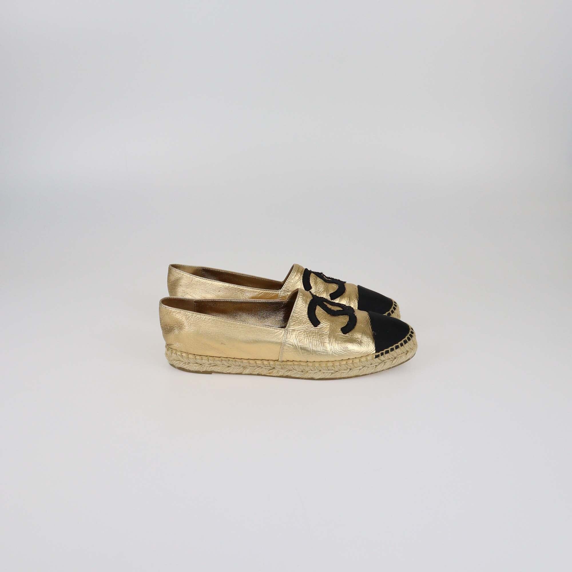 Chanel Gold/Black Espadrilles CC Cap Toe Flats Womens Chanel