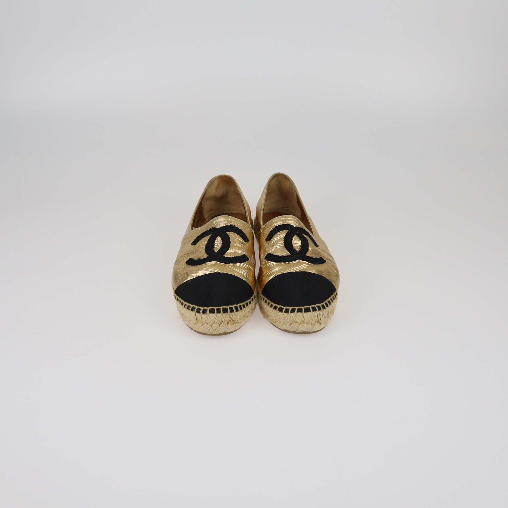 Chanel Gold/Black Espadrilles CC Cap Toe Flats Womens Chanel