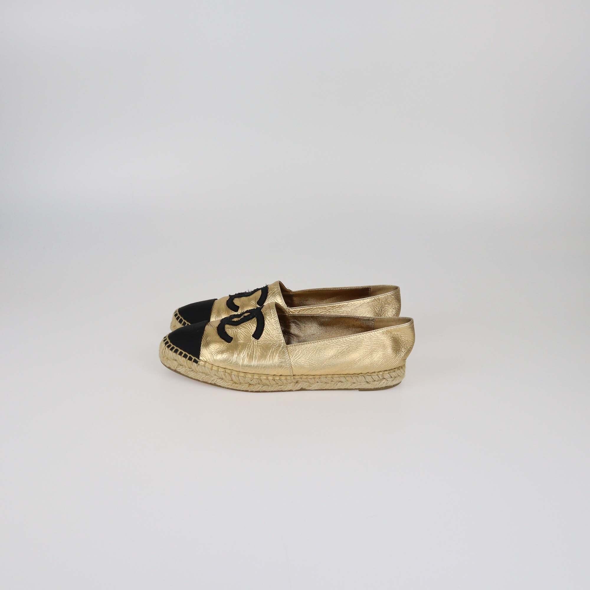 Chanel Gold/Black Espadrilles CC Cap Toe Flats Womens Chanel