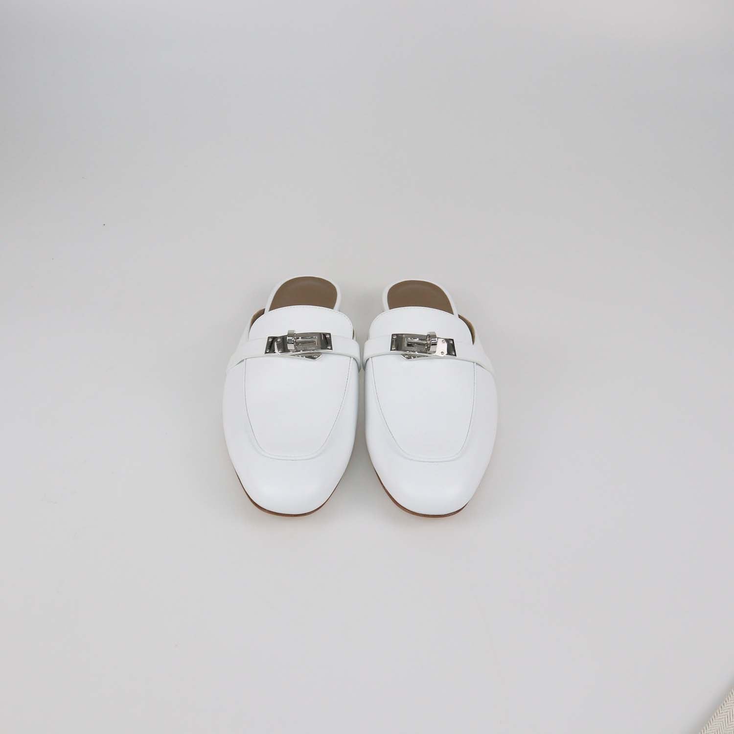 Hermes White Leather OZ Mules