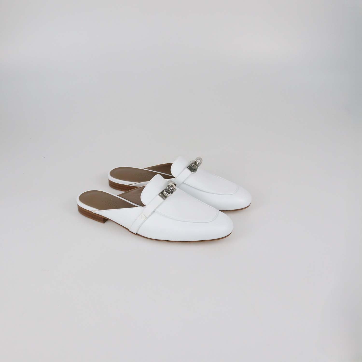 Hermes White Leather OZ Mules