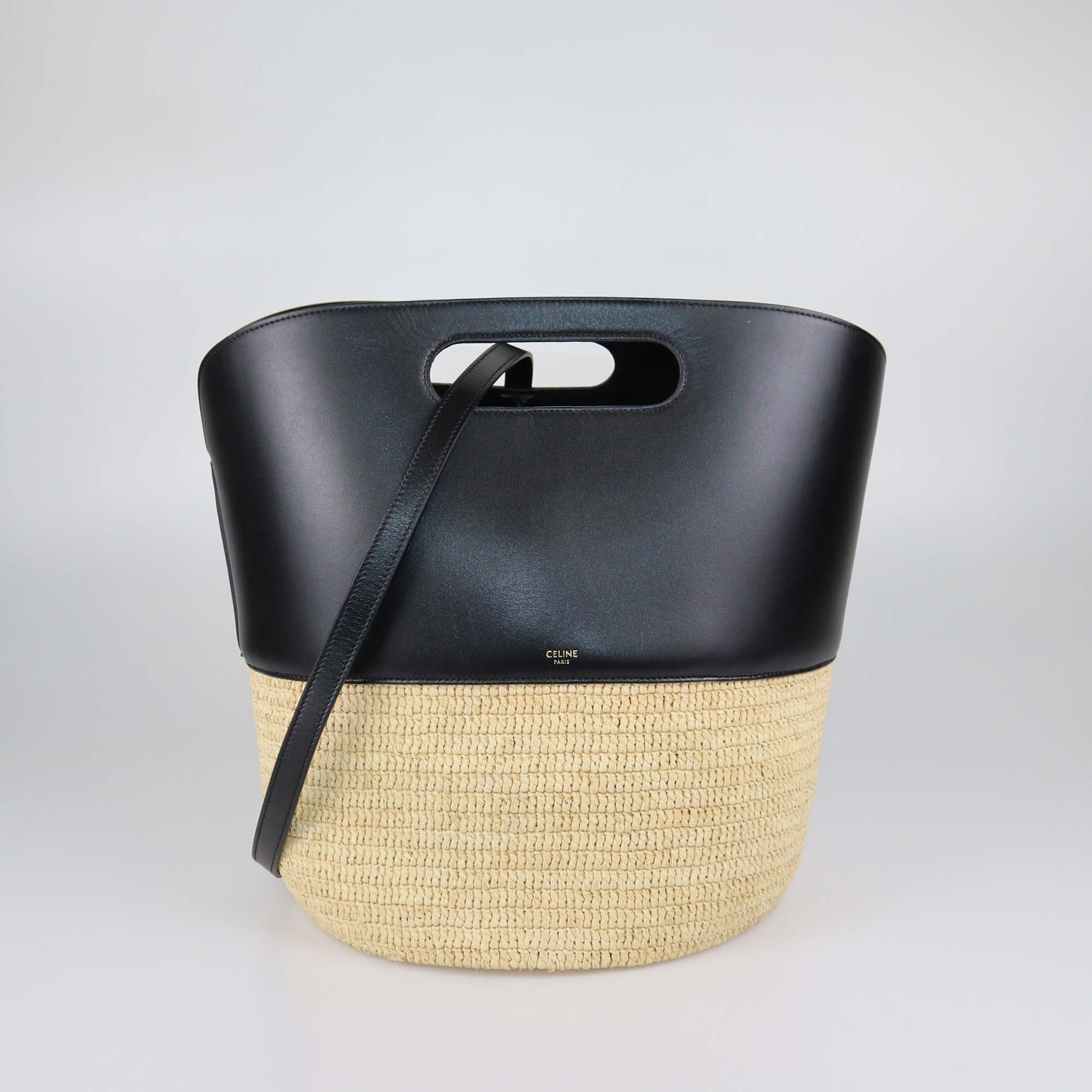 Celine Black/Natural Leather and Raffia Basket Bag