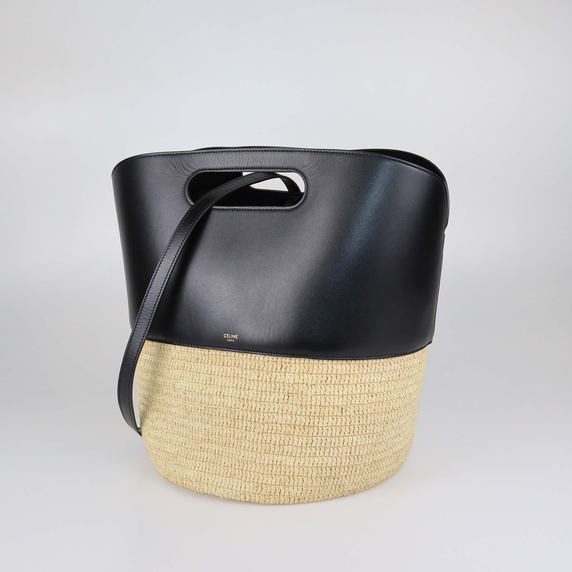 Celine Black/Natural Leather and Raffia Basket Bag