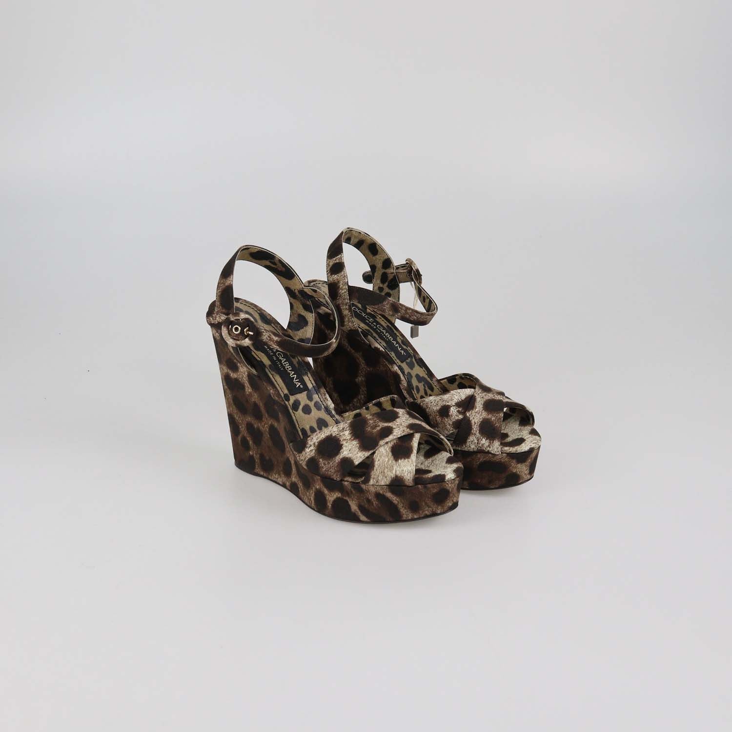Dolce & Gabbana Brown/Beige Leopard Print Fabric Wedge Sandals