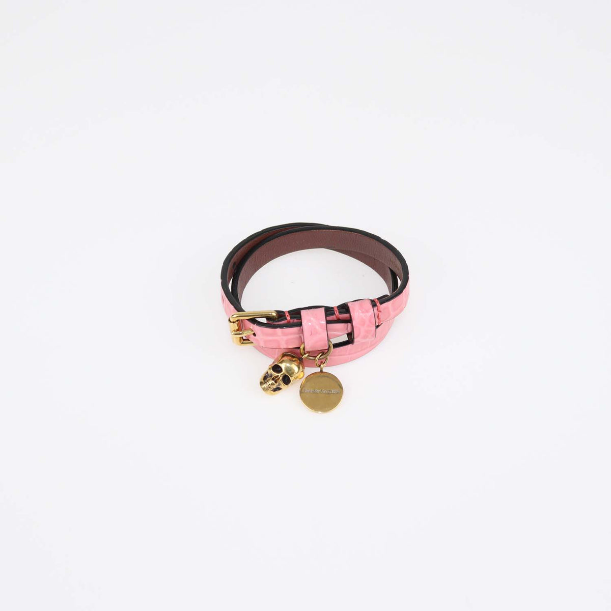 Alexander McQueen Pink Croc Embossed Leather Skull Double Wrap Bracelet