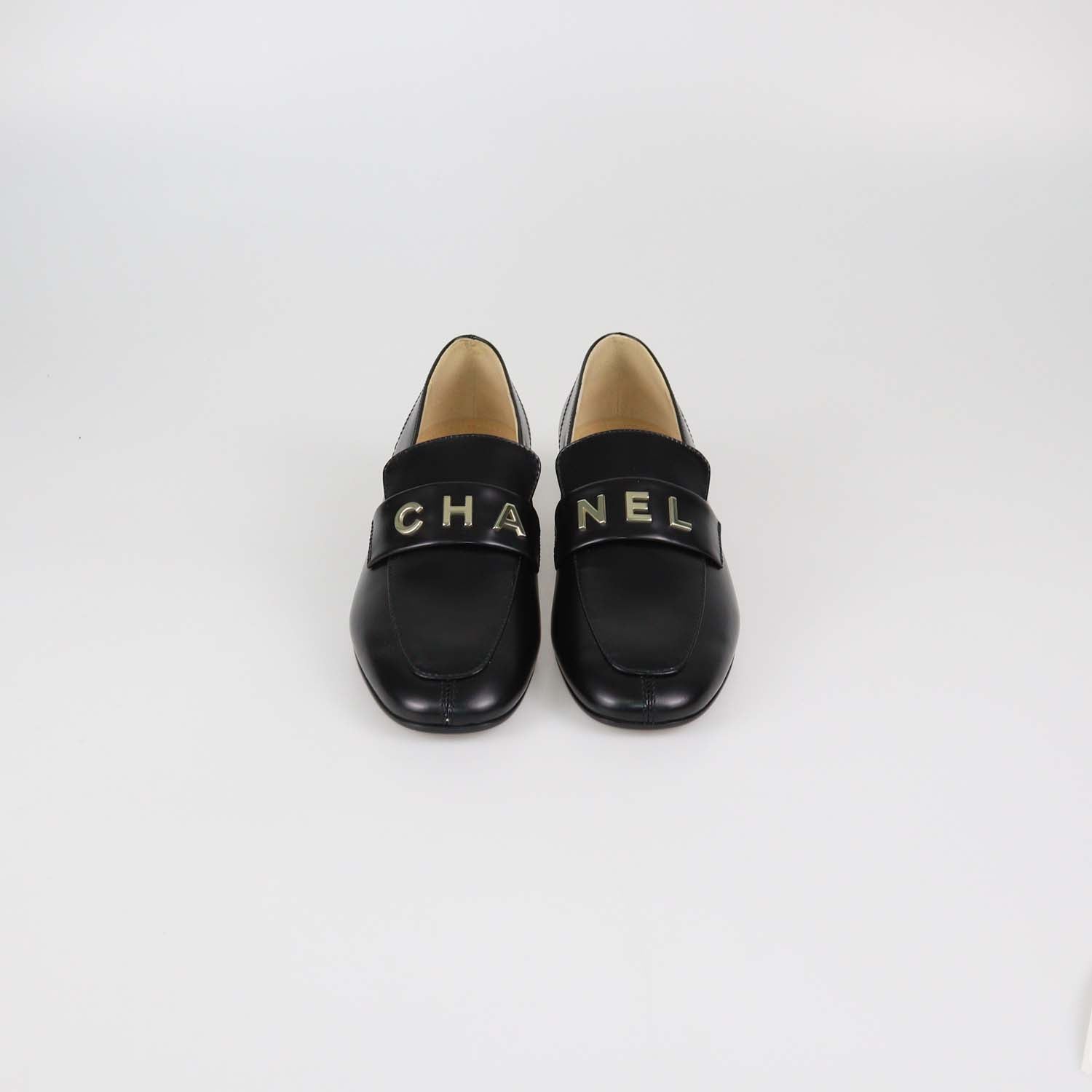 Chanel Black Shiny Leather Logo Loafers