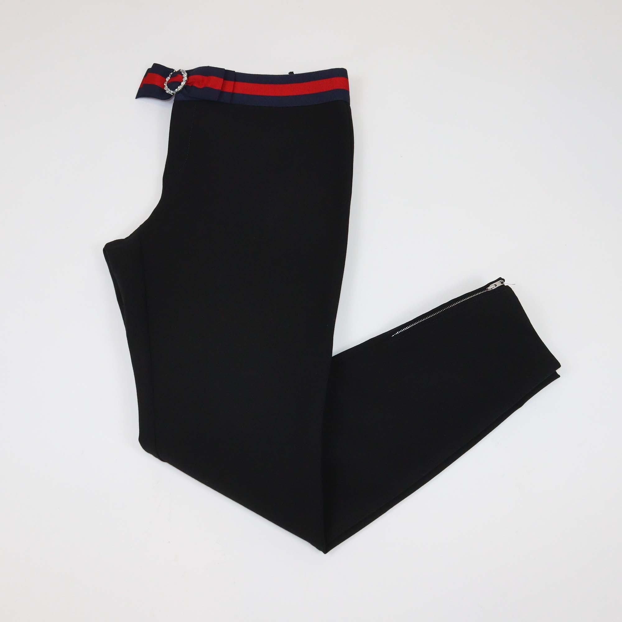 Gucci Black Cotton Blend Contrast Trim Embellished Bow-Detail Trousers