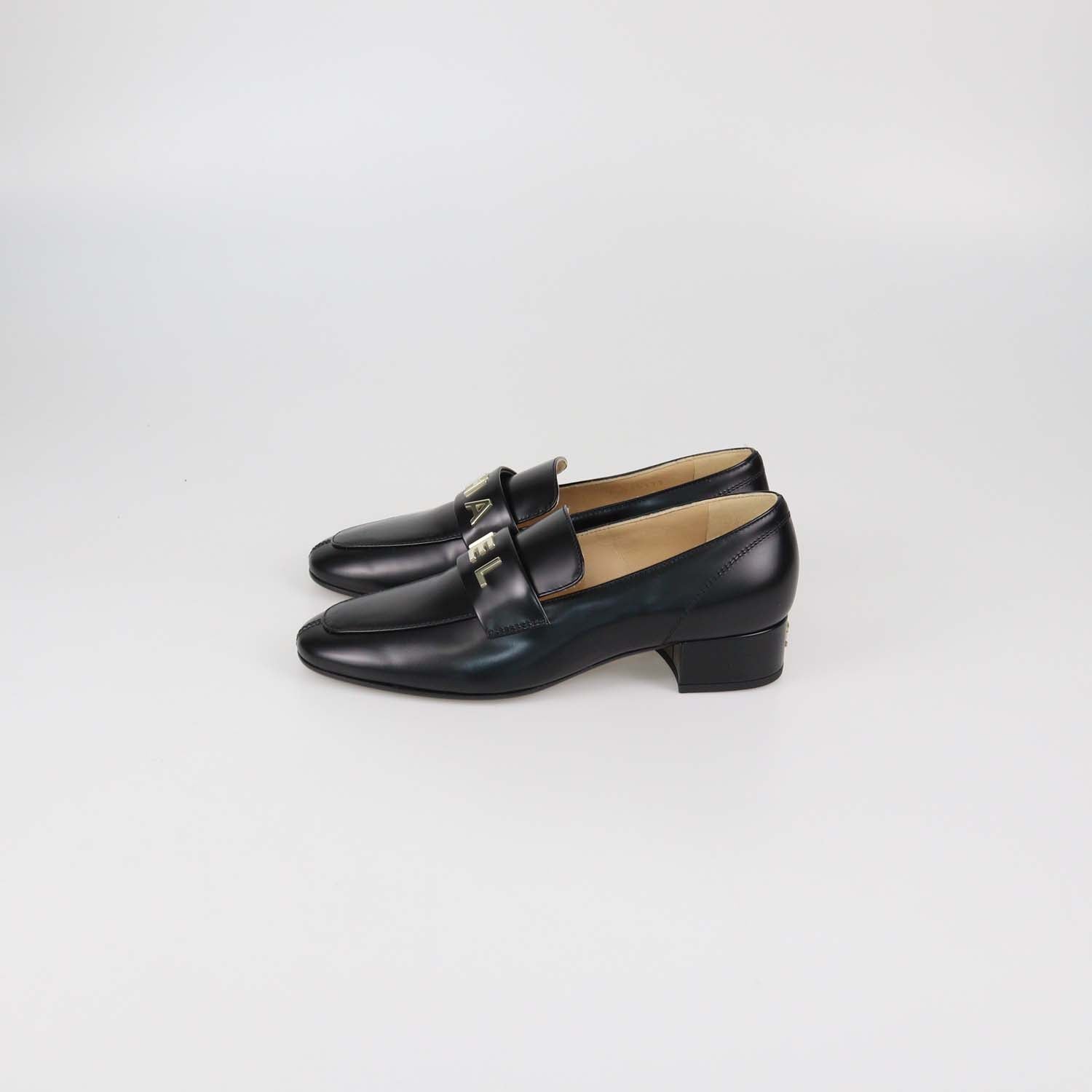 Chanel Black Shiny Leather Logo Loafers