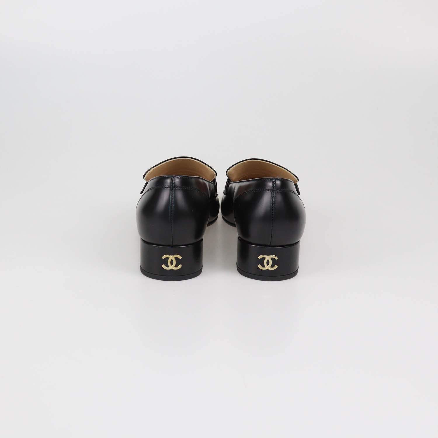 Chanel Black Shiny Leather Logo Loafers