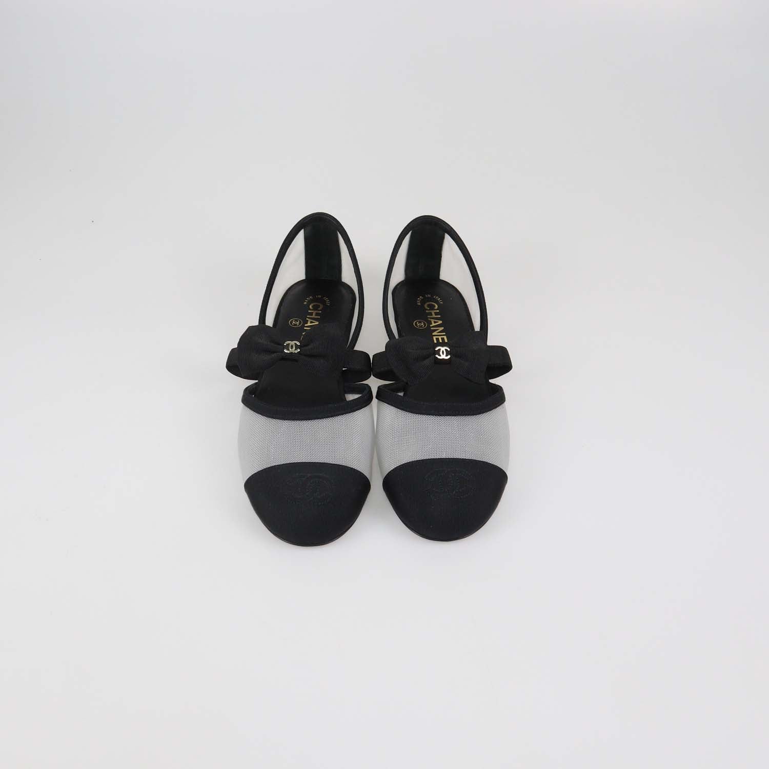 Chanel Black Mesh and Fabric Bow Mary Jane Cap Toe Flats