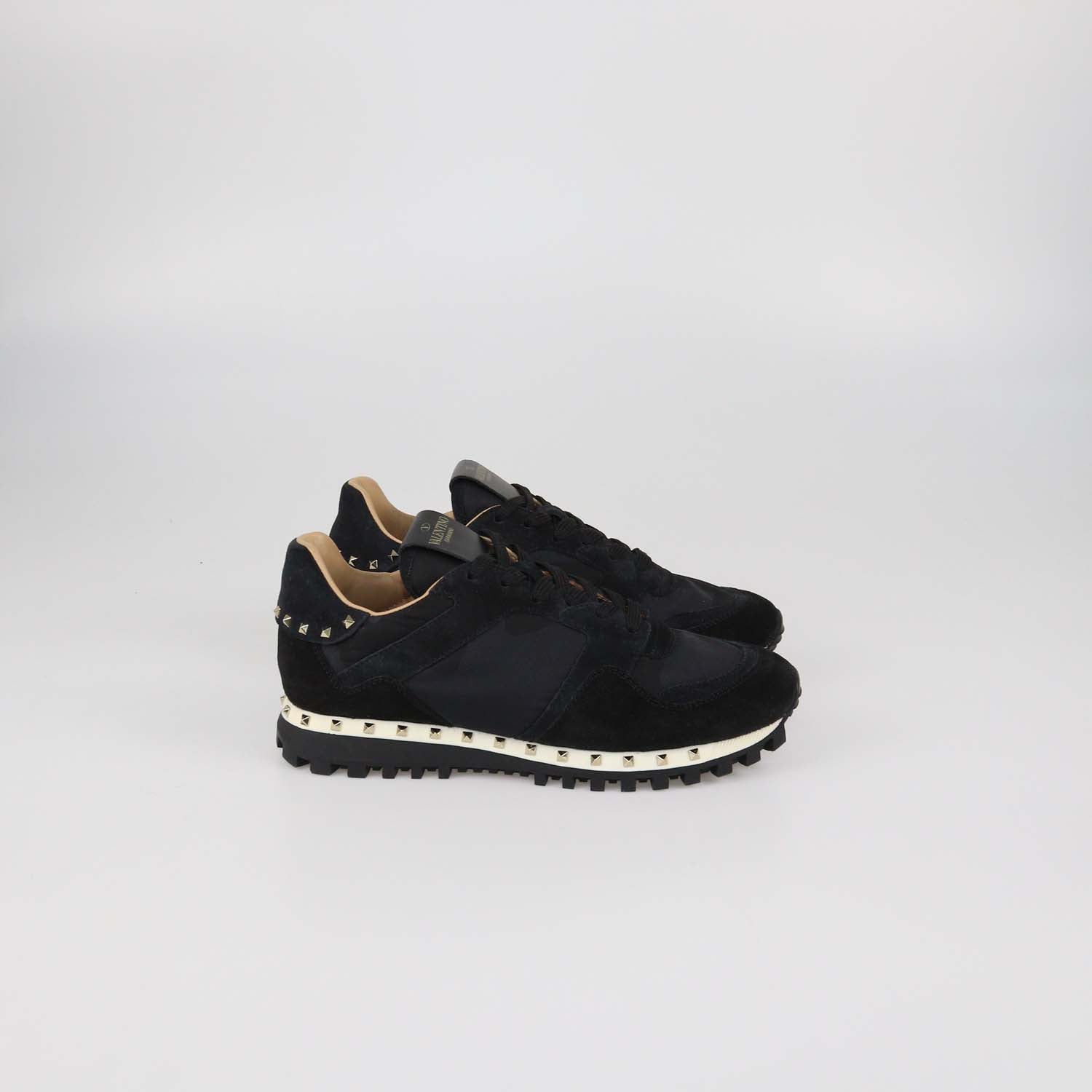 Valentino Black Camouflage Suede and Nylon Rockstud Low Top Sneakers