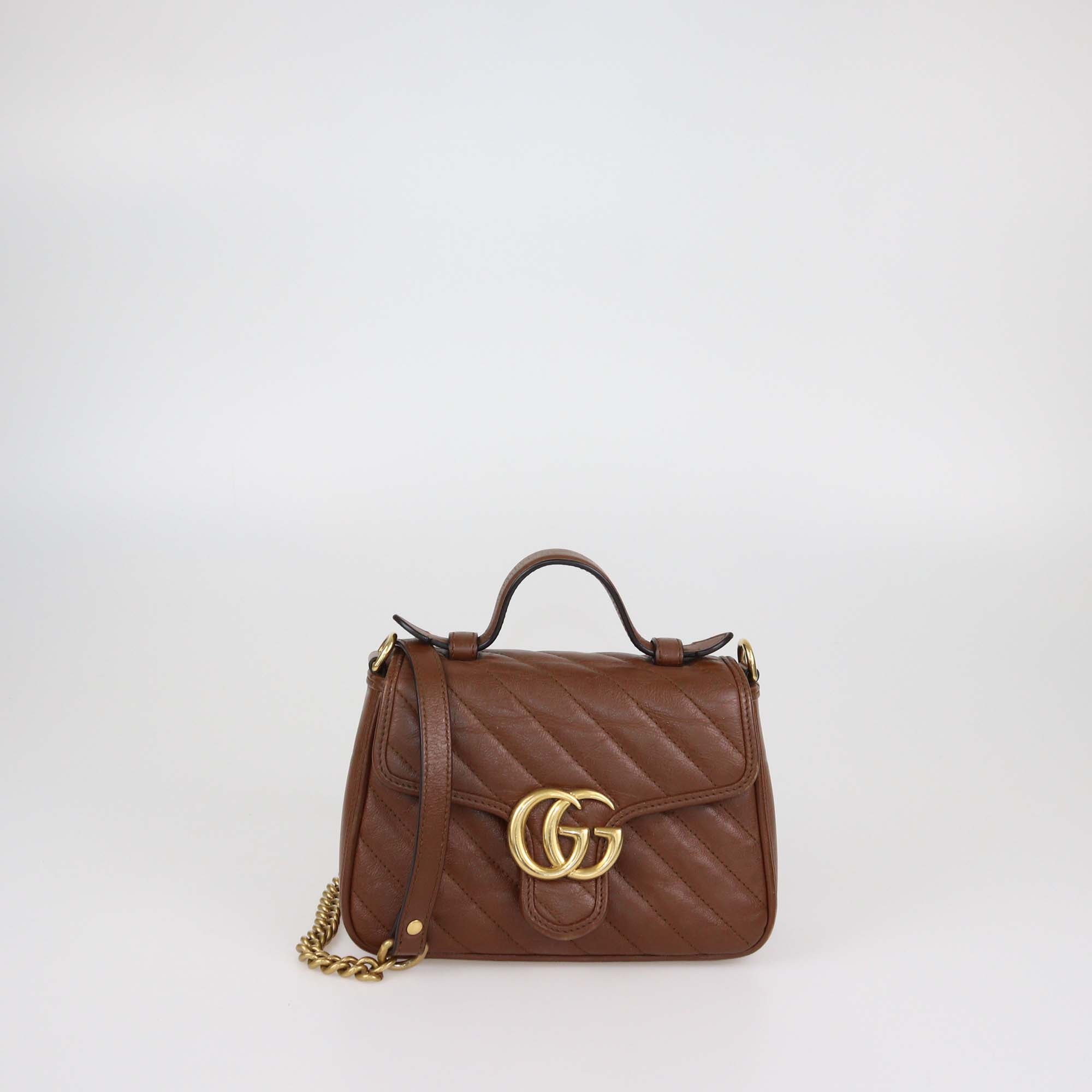 Gucci Brown Matelasse Leather Mini GG Marmont Top Handle Bag