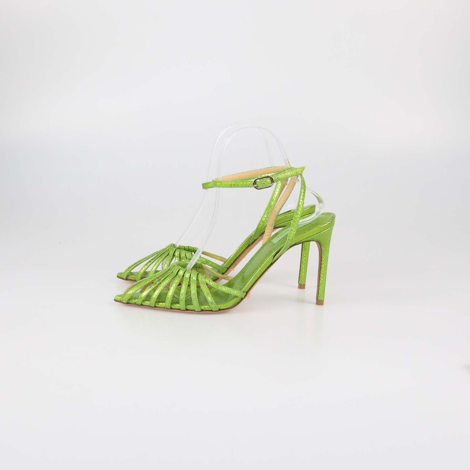 Giannico Metallic Green Snake Embossed Caged Ankle Strap Sandals