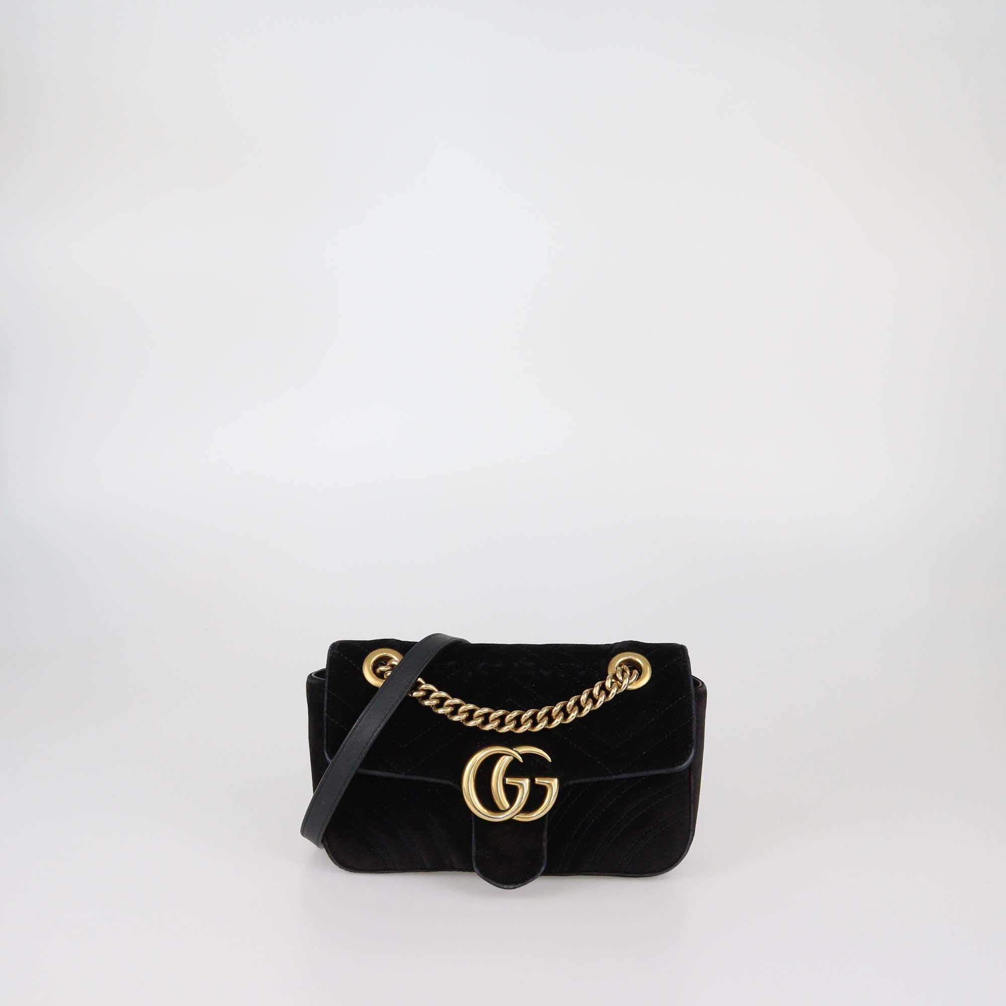 Gucci Black Matelasse Velvet Small GG Marmont Shoulder Bag