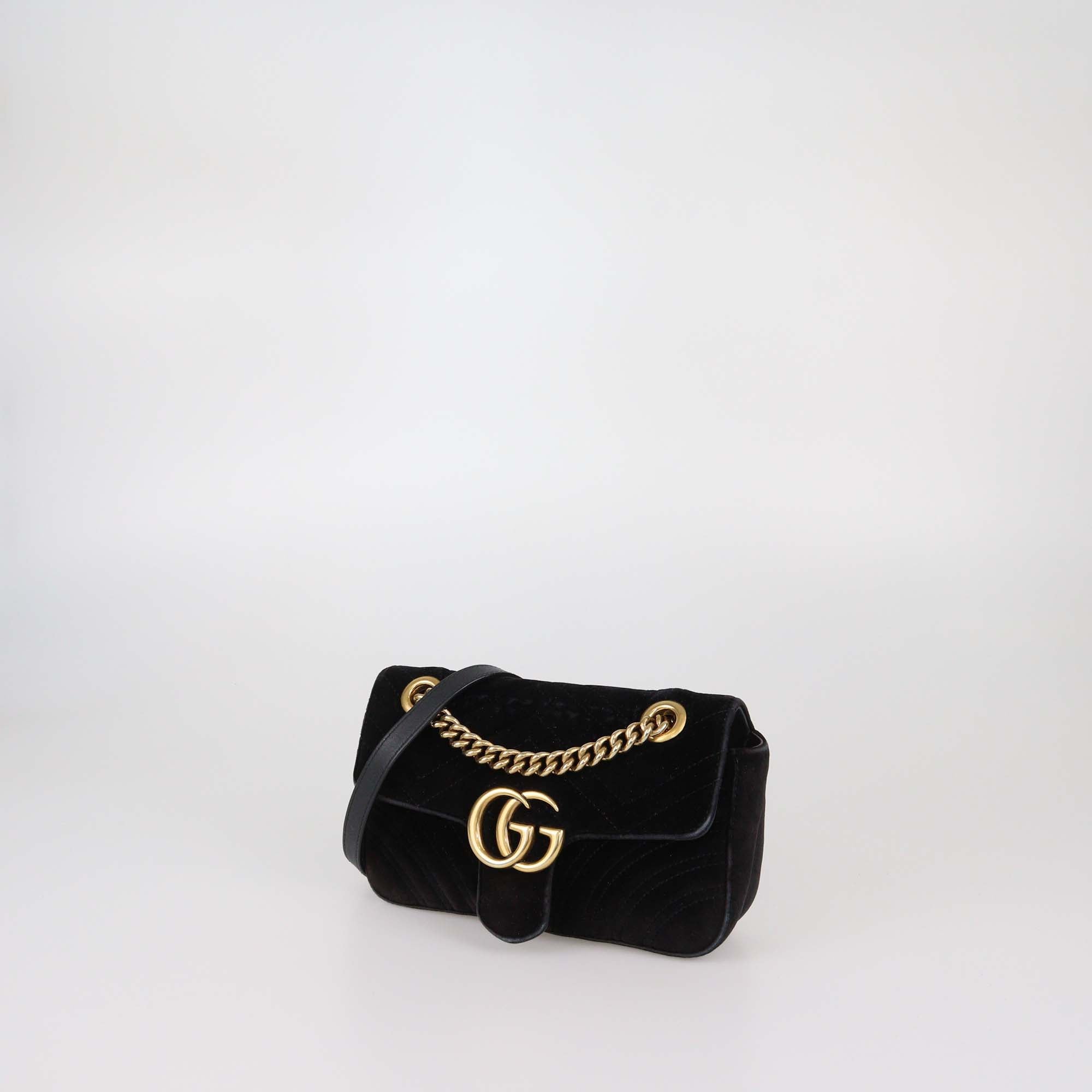 Gucci Black Matelasse Velvet Small GG Marmont Shoulder Bag