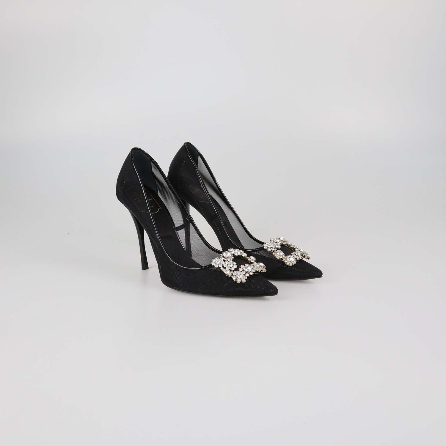 Roger Vivier Black Mesh Flower Strap Embellished Pumps