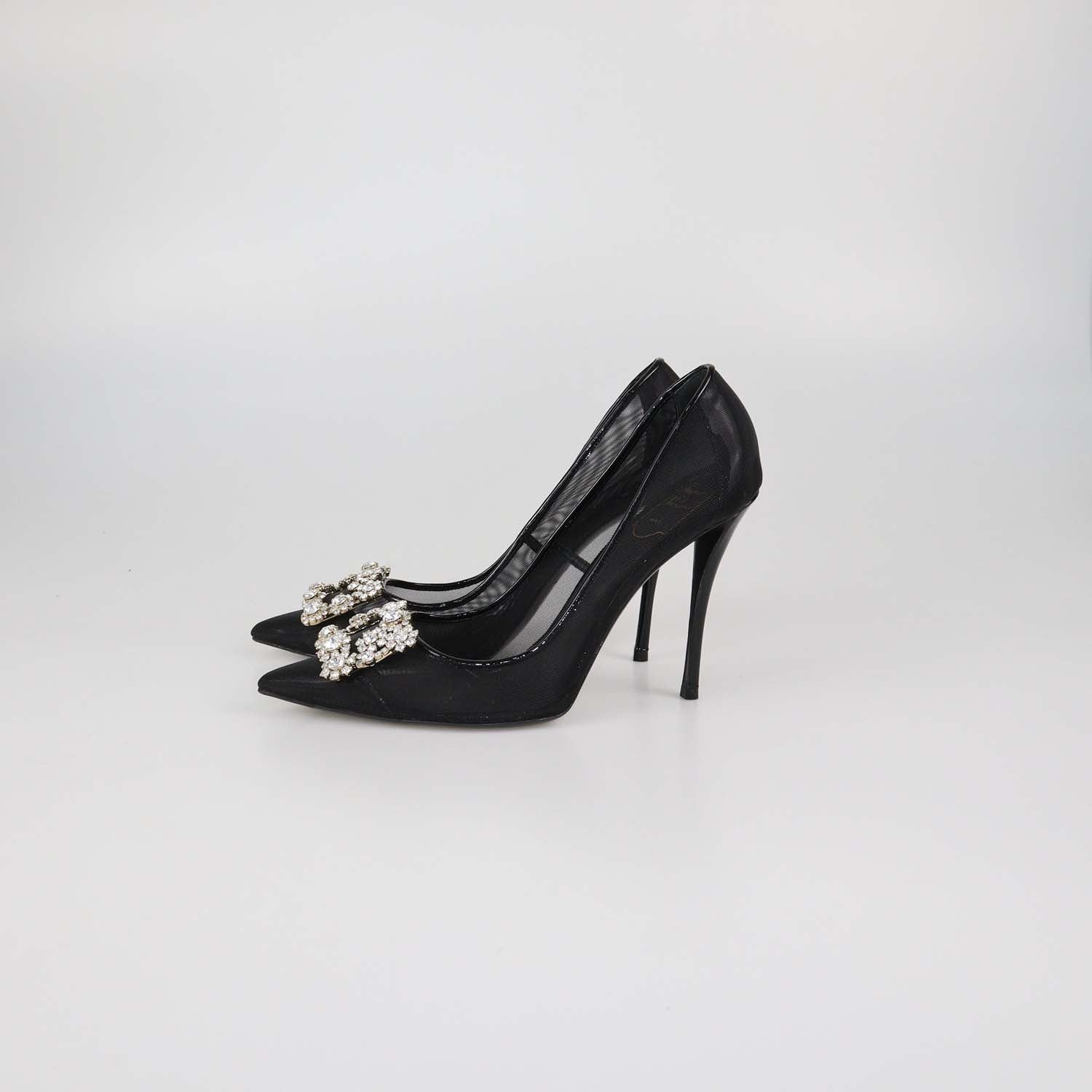 Roger Vivier Black Mesh Flower Strap Embellished Pumps