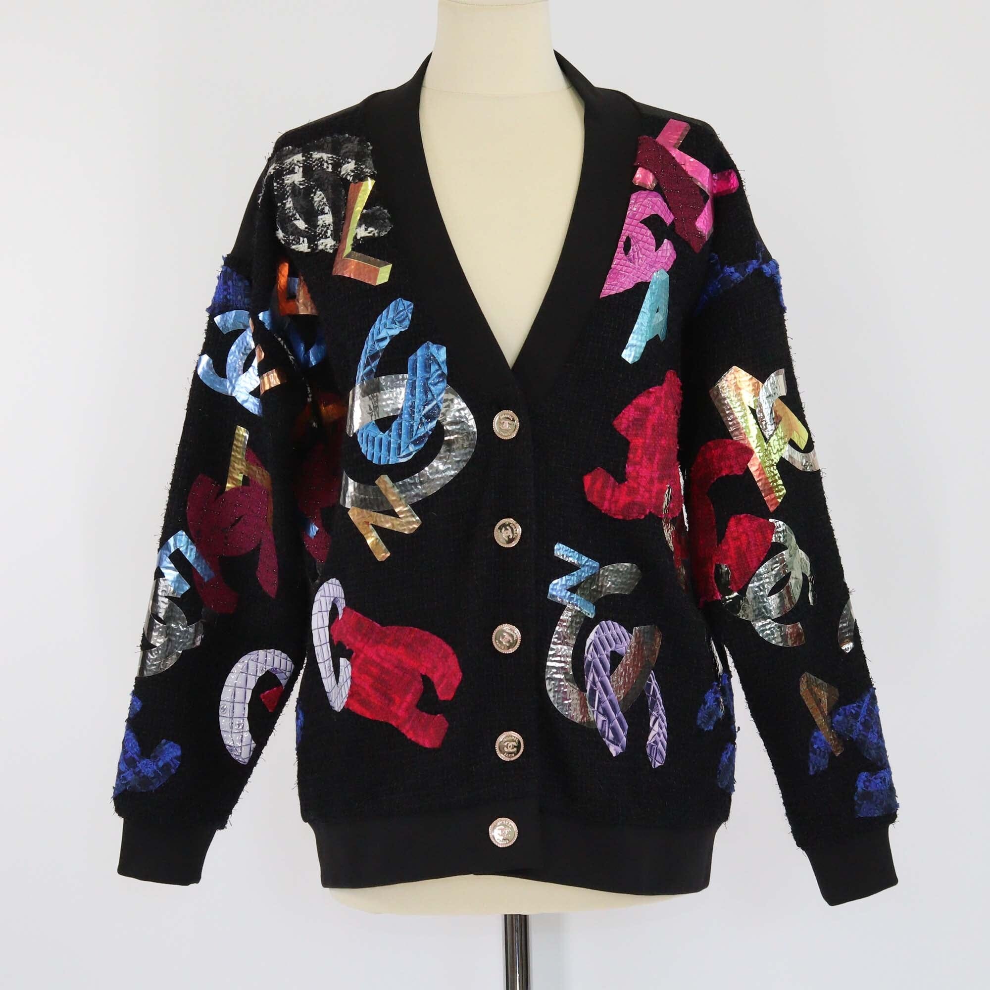 Chanel Black/Multicolor Tweed Patches Cardigan Womens Chanel