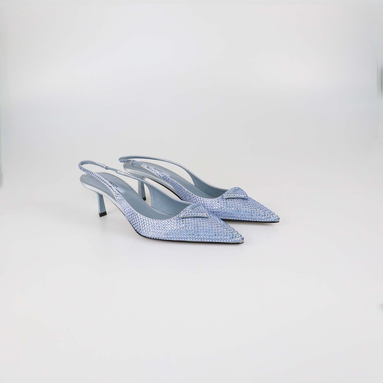 Prada Light Blue Satin Crystal Embellished Slingback Pumps