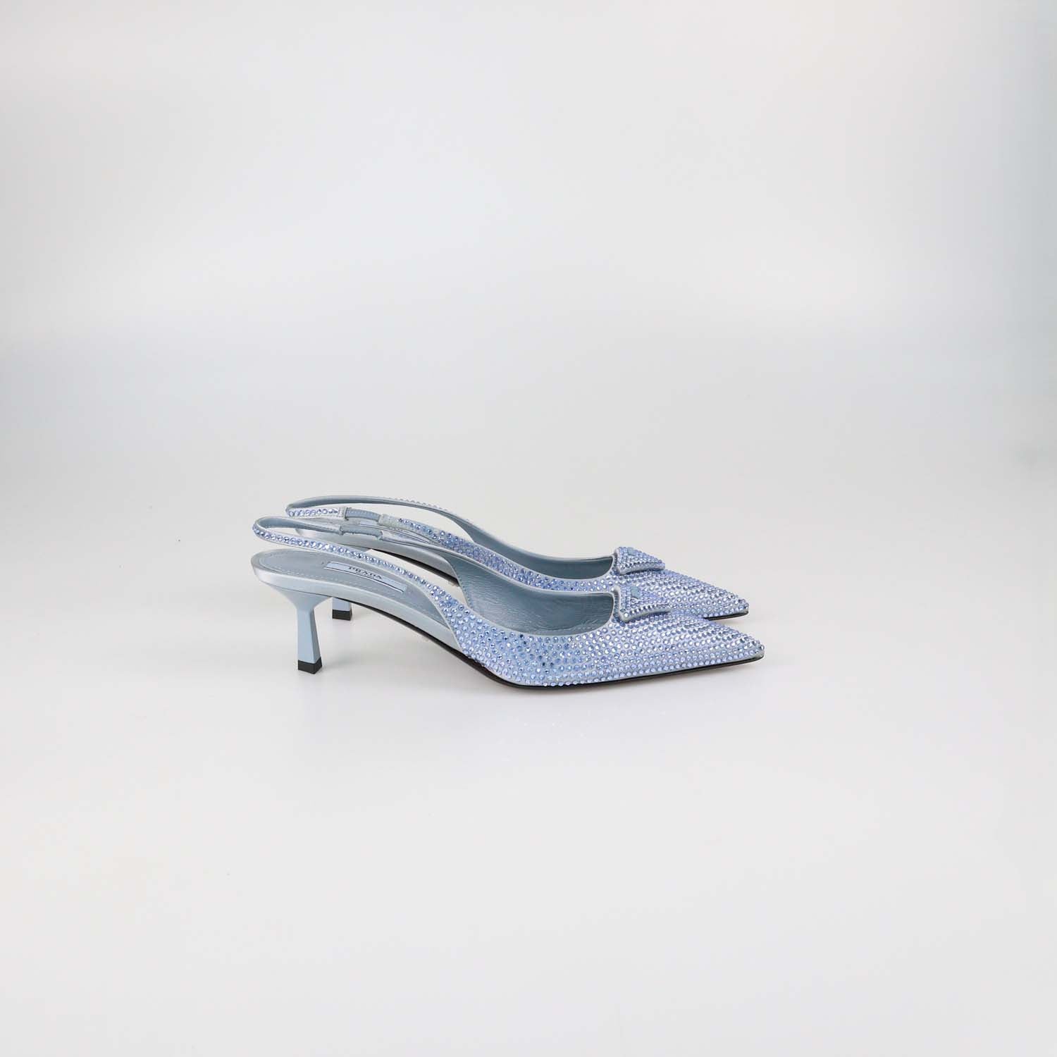 Prada Light Blue Satin Crystal Embellished Slingback Pumps